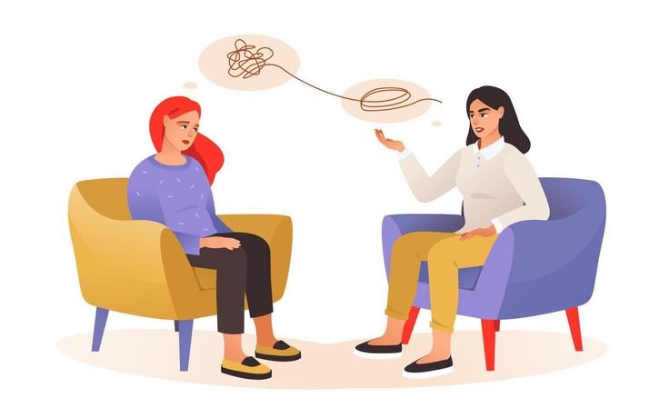 Two women having a conversation in a therapy session, with thought bubbles showing tangled and circular lines indicating complex thoughts.
