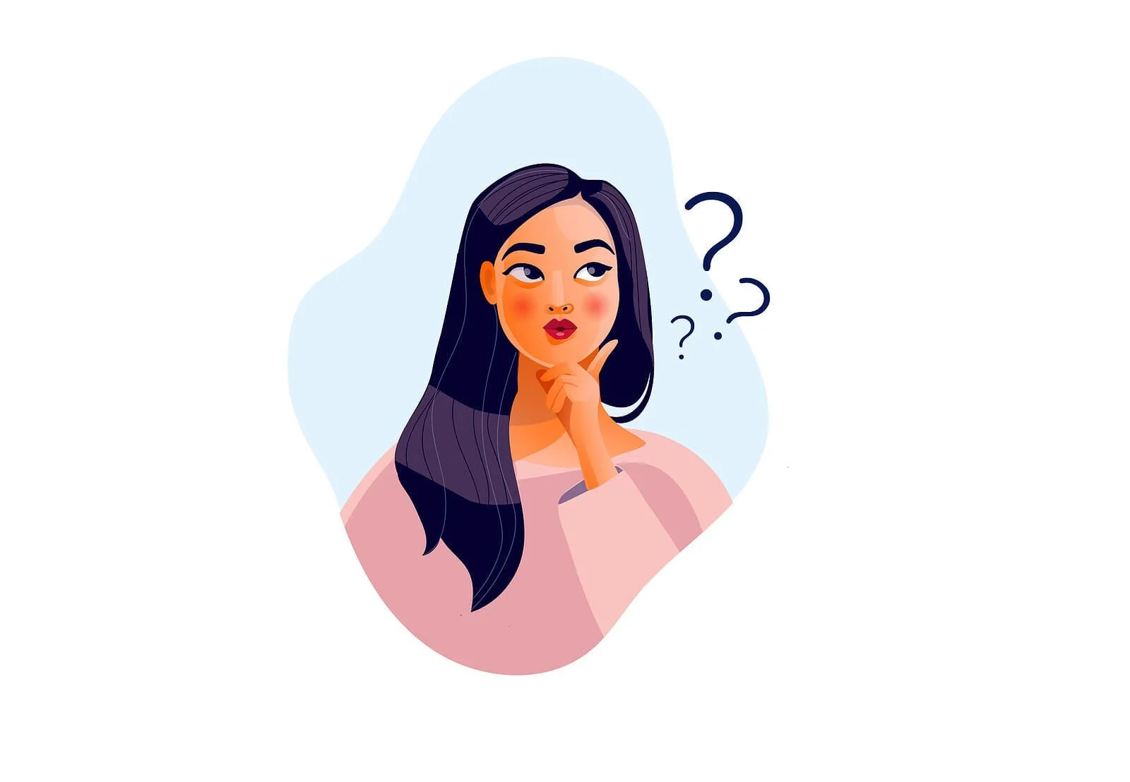 Illustration of a thinking woman with long dark hair, wearing a pink shirt, with question marks around her head.