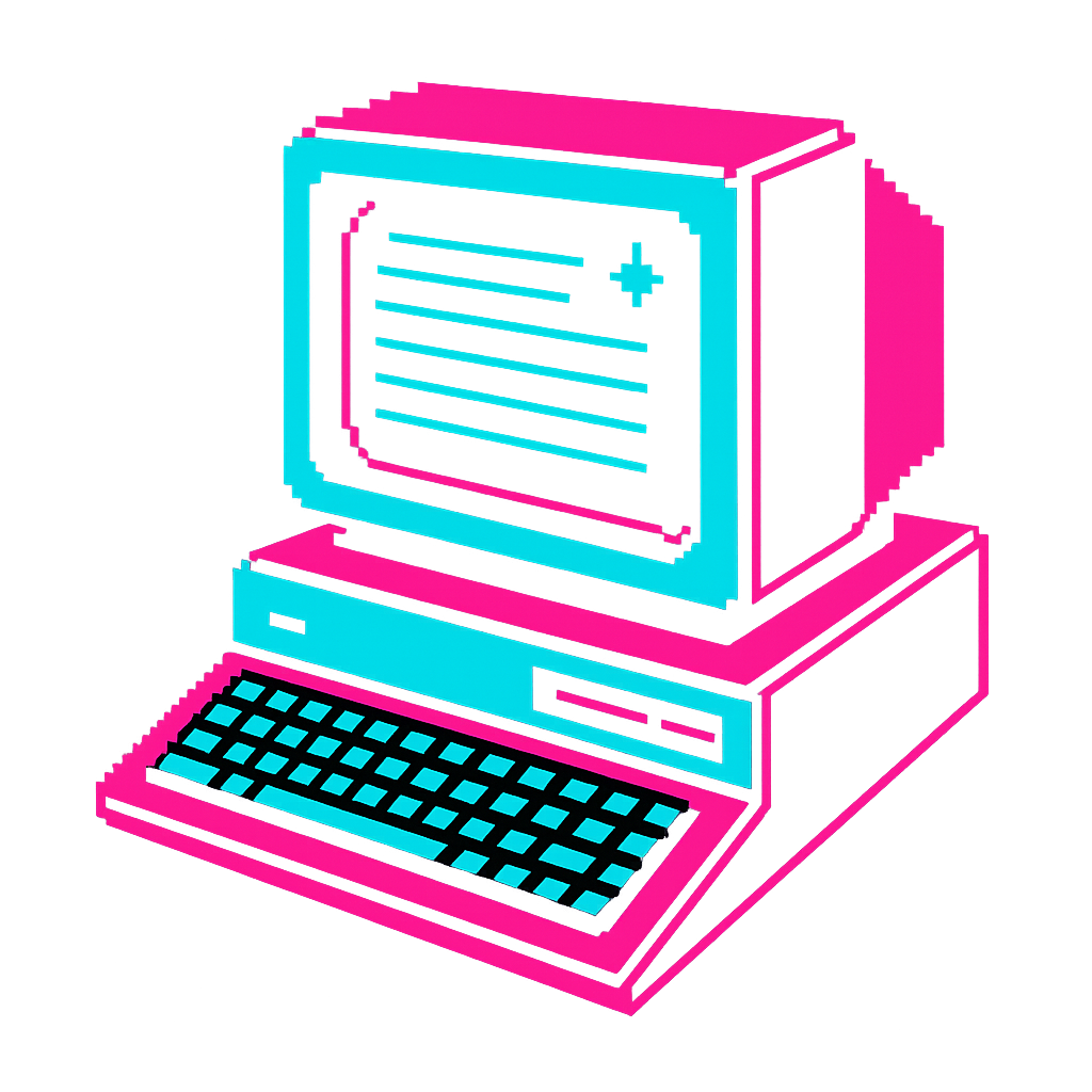 A neon digital illustration of a vintag office systems that FileMinder can integrate with.