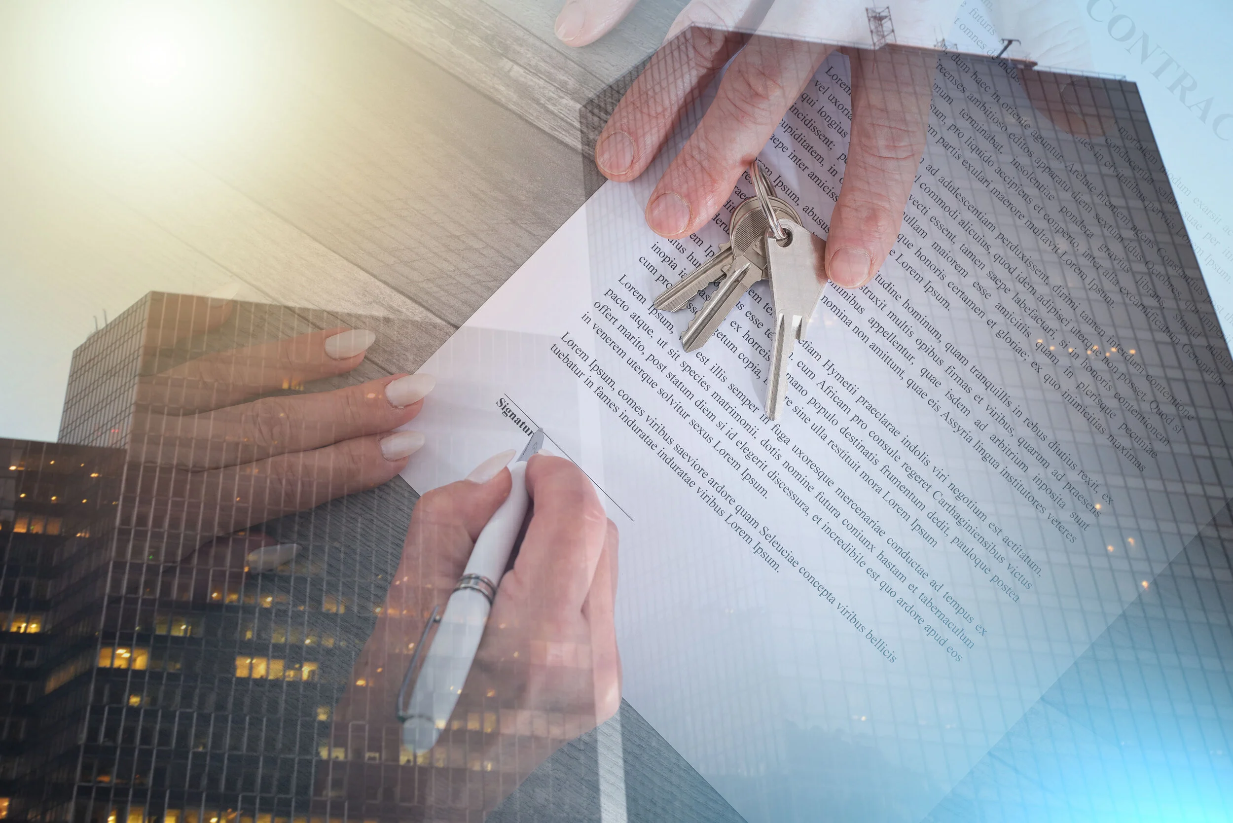 A person signing a document with a pen, with a building reflected in the glass overlay.