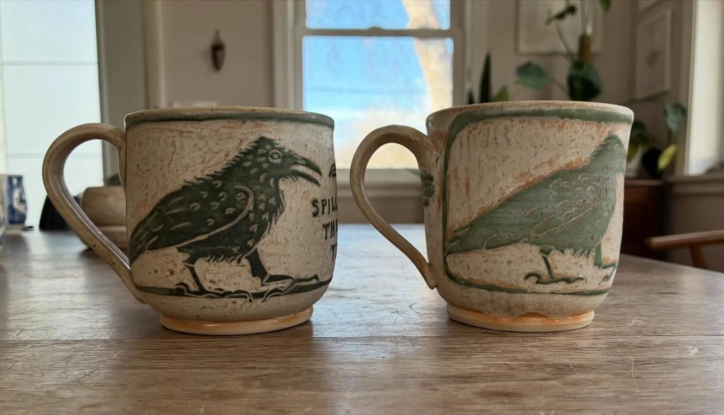 Spill the tea crow mugs. Juicy Iron glaze over black mason stain sgraffito.
#coffeetastesbetterinahandmademug  #mnmade #crowart #mplsmade #spillthetea