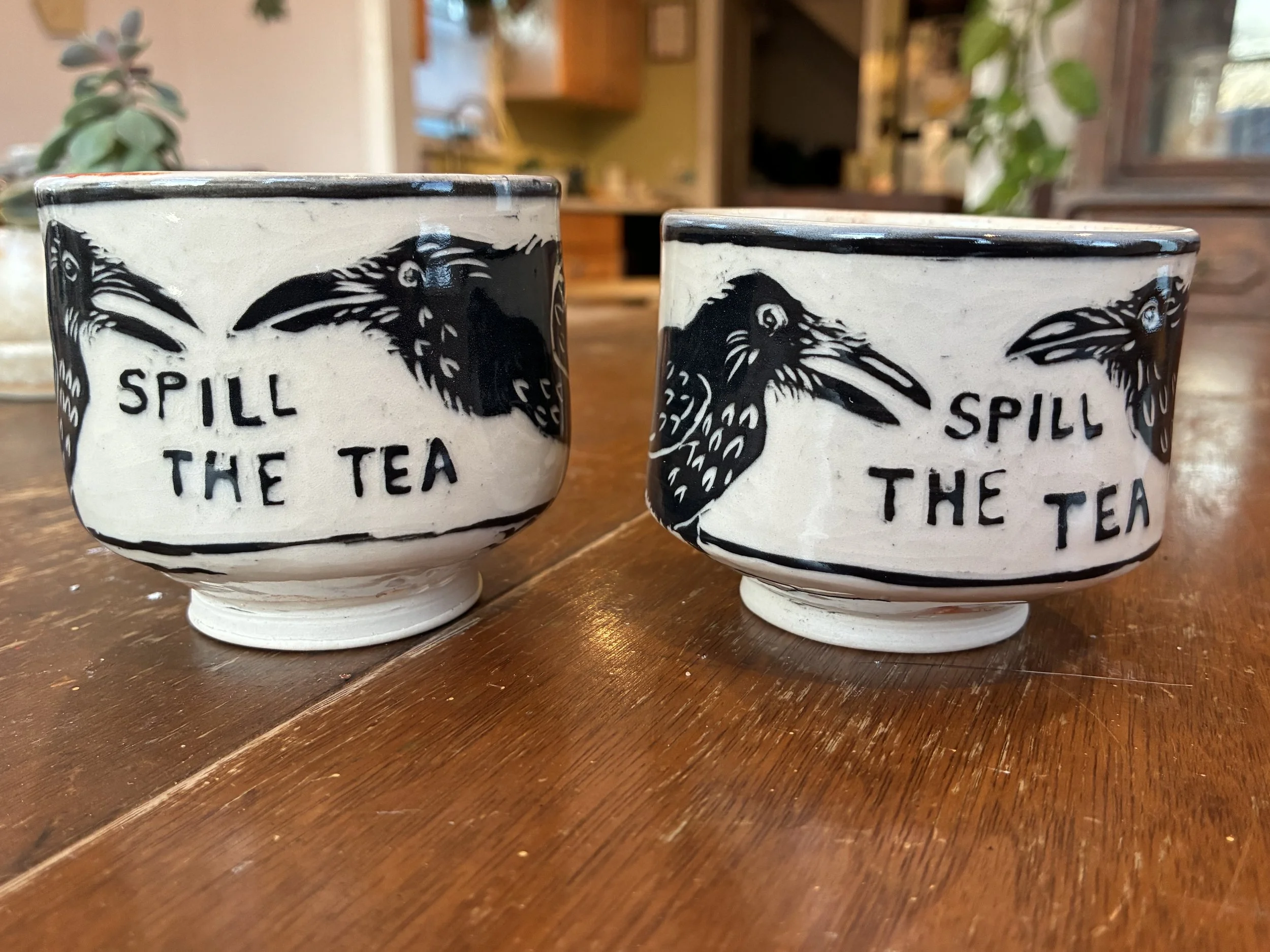 "Spill the Tea" Crow Teacups set of two.