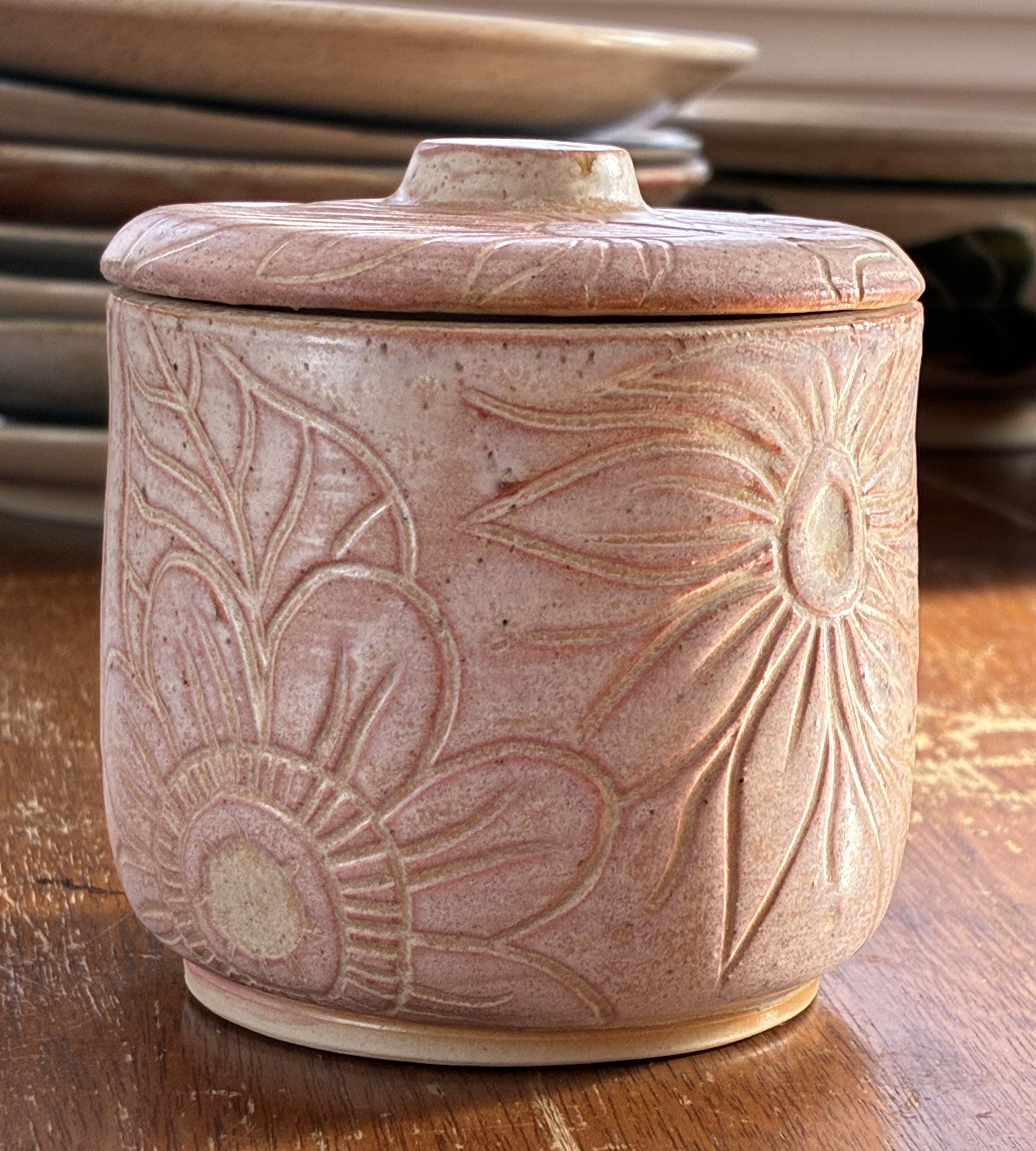 Pink Floral Sgraffito jar