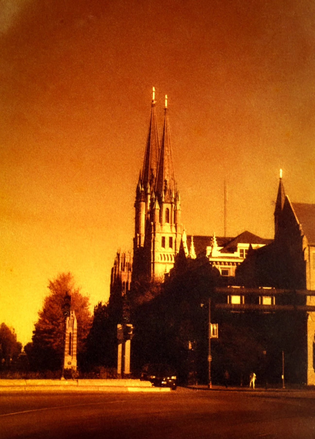 Night view of a Gothic-style church with tall spires, illuminated with an orange hue, and trees and buildings surrounding it.