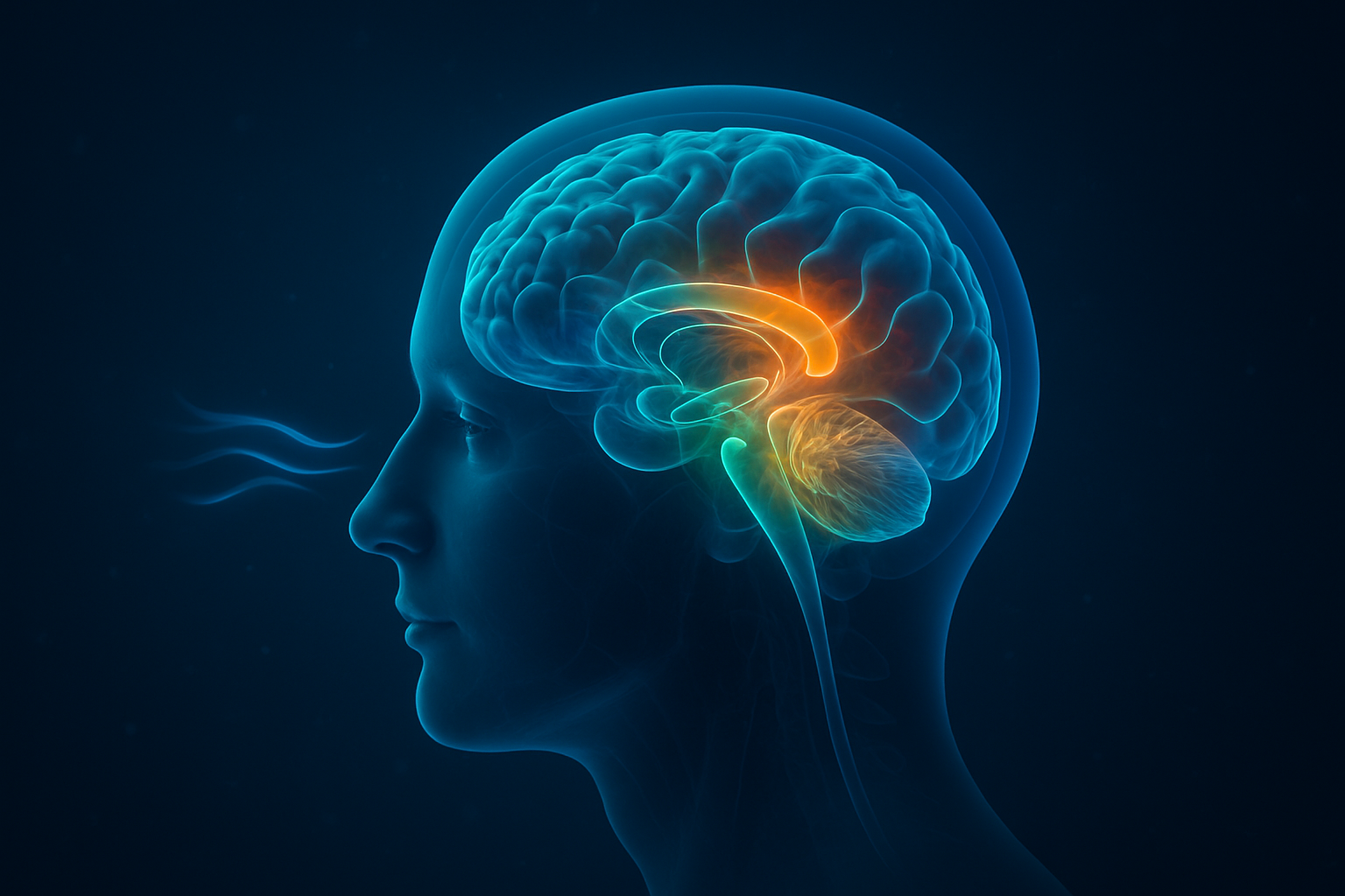 Digital illustration of a human head in profile with a transparent view of the brain  glowing with colorful lights.