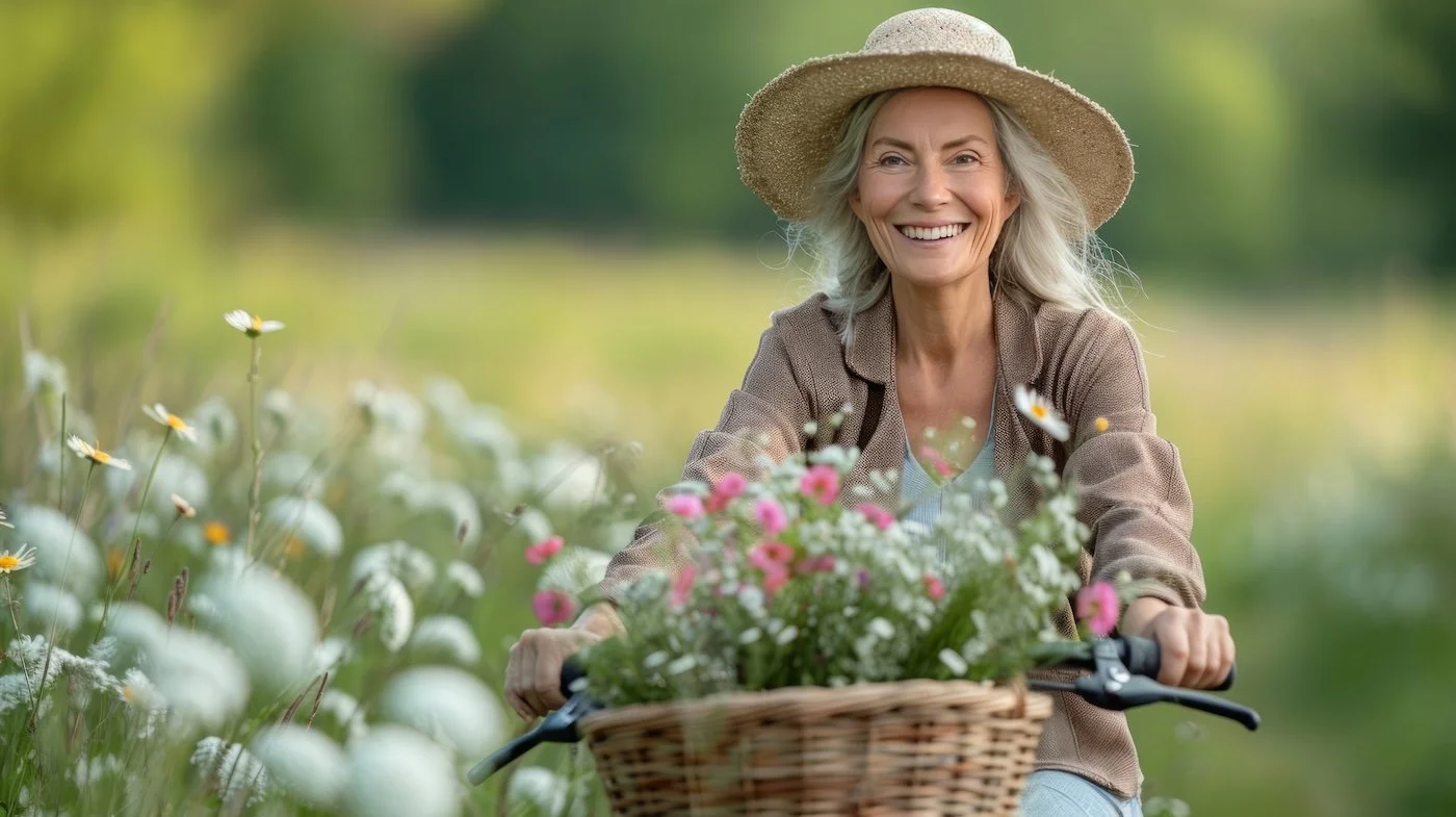 An older woman with gray hair and a wide-brimmed straw hat smiling while riding a bicycle with a basket of flowers in a lush green outdoor setting.