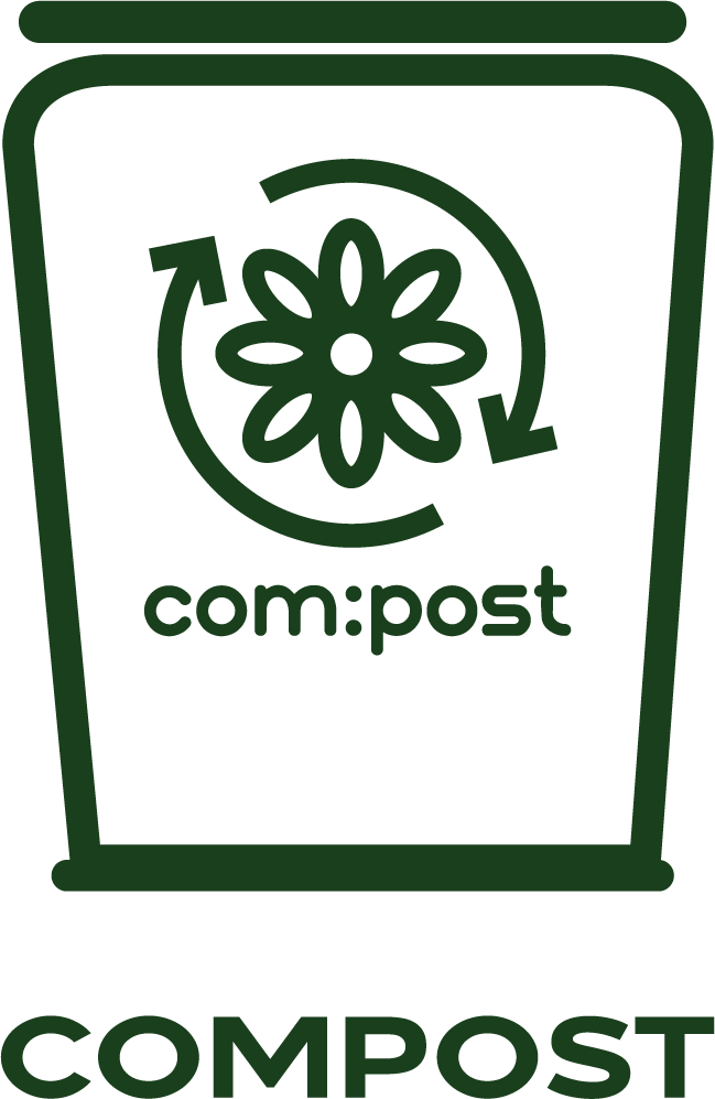 A stylized green icon of a compost bin featuring a flower with swirling arrows around it, and the word 'compost' below the flower.