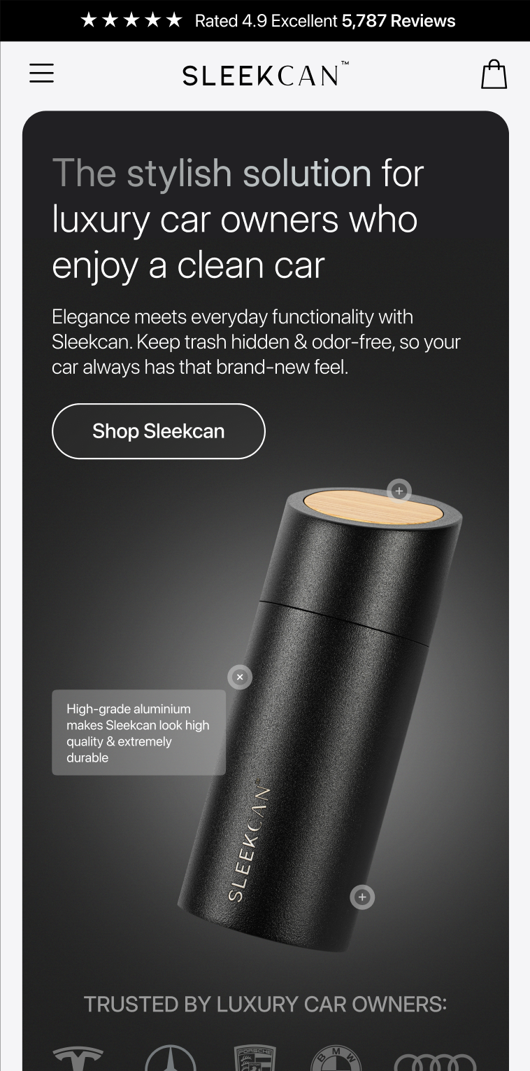 Advertisement for Sleekcan, a high-grade aluminum car trash can, featuring a black cylindrical design with a wooden top, marketed for luxury car owners to keep their cars clean and odor-free.