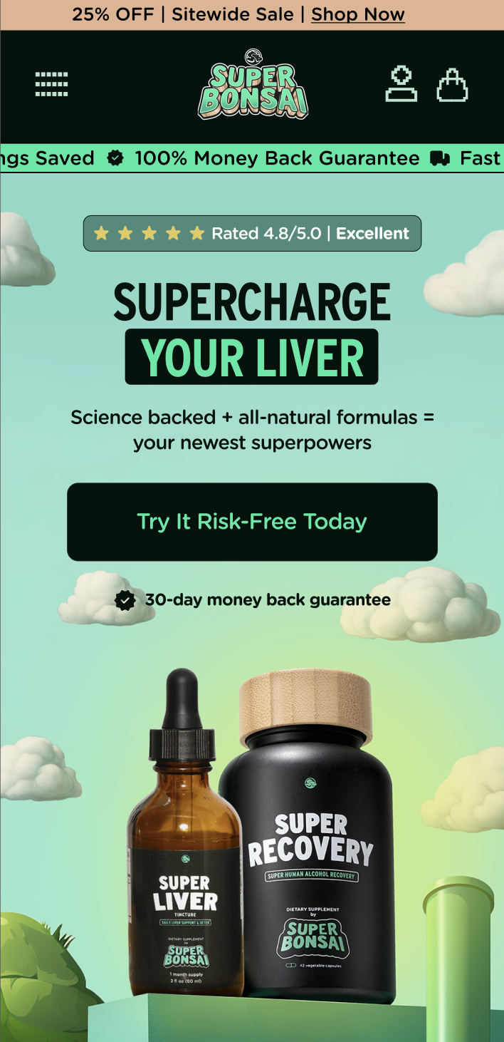 A website advertisement for Super Bonsai liver health supplements, featuring a bottle of Super Liver tincture and a large container labeled Super Recovery, with clouds in the background and promotional text about a 25% sitewide discount, money-back g