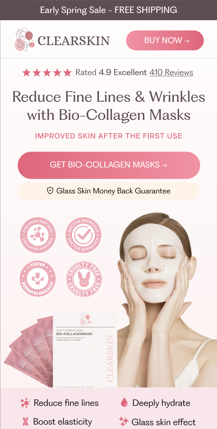 Advertisement for Clearskin collagen mask with a woman wearing the mask, pink and beige color scheme, and icons for benefits such as reducing fine lines, deep hydration, boosting elasticity, and glass skin effect.