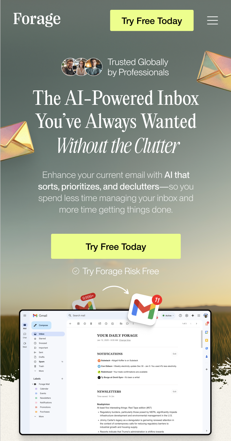 Screenshot of Forage website promoting AI-powered email management tool, with text describing its features, a 'Try Free Today' button, and a Gmail inbox preview showing app notifications.