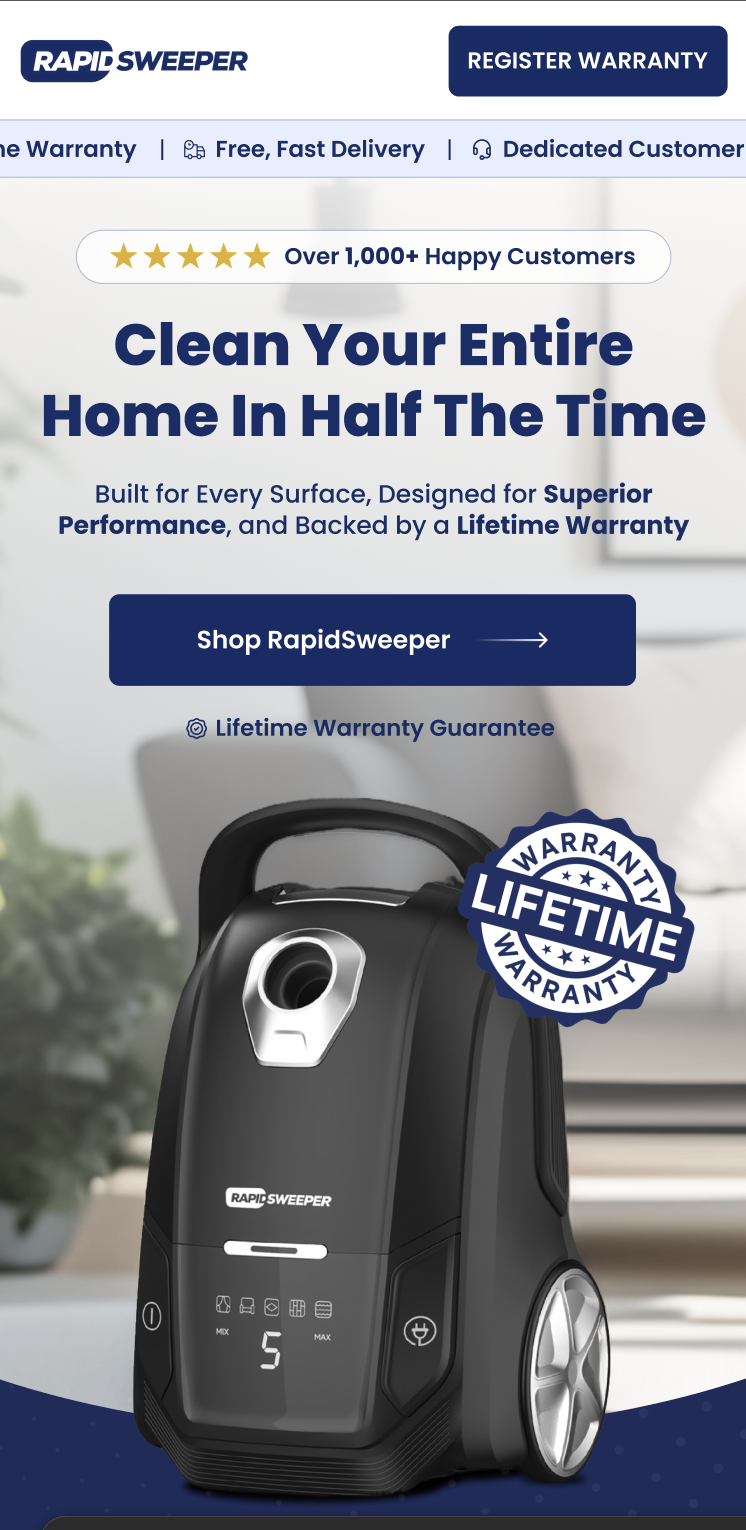 Advertisement for Rapid Sweeper, a home cleaning device. Features a black vacuum-like machine with a digital display, buttons, and large wheels. Highlights a lifetime warranty and easy, fast cleaning.