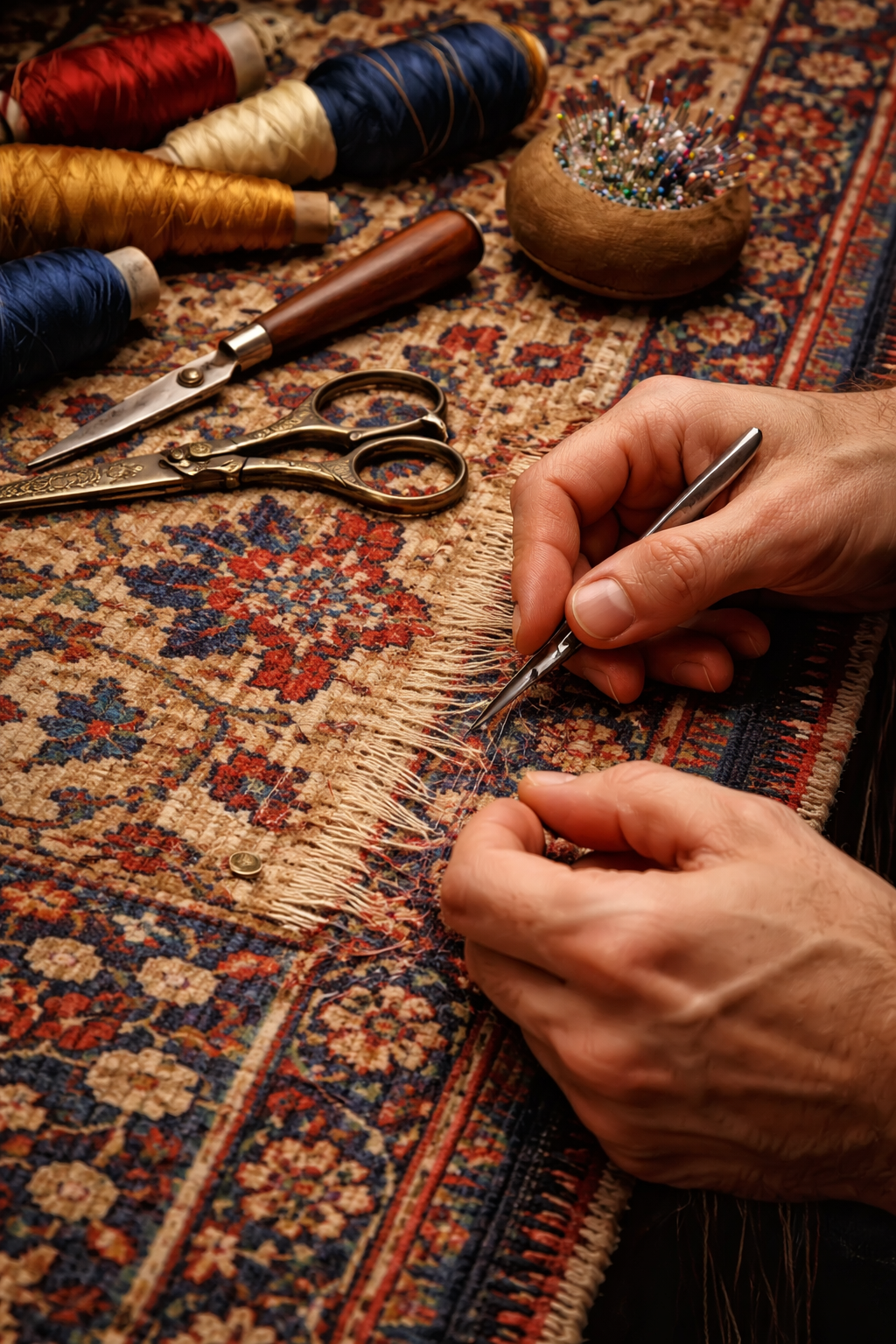 Close-up of hands stitching a patterned rug with a needle and thread, surrounded by sewing tools, colorful spools of thread, scissors, and a bowl of pins on a woven rug.