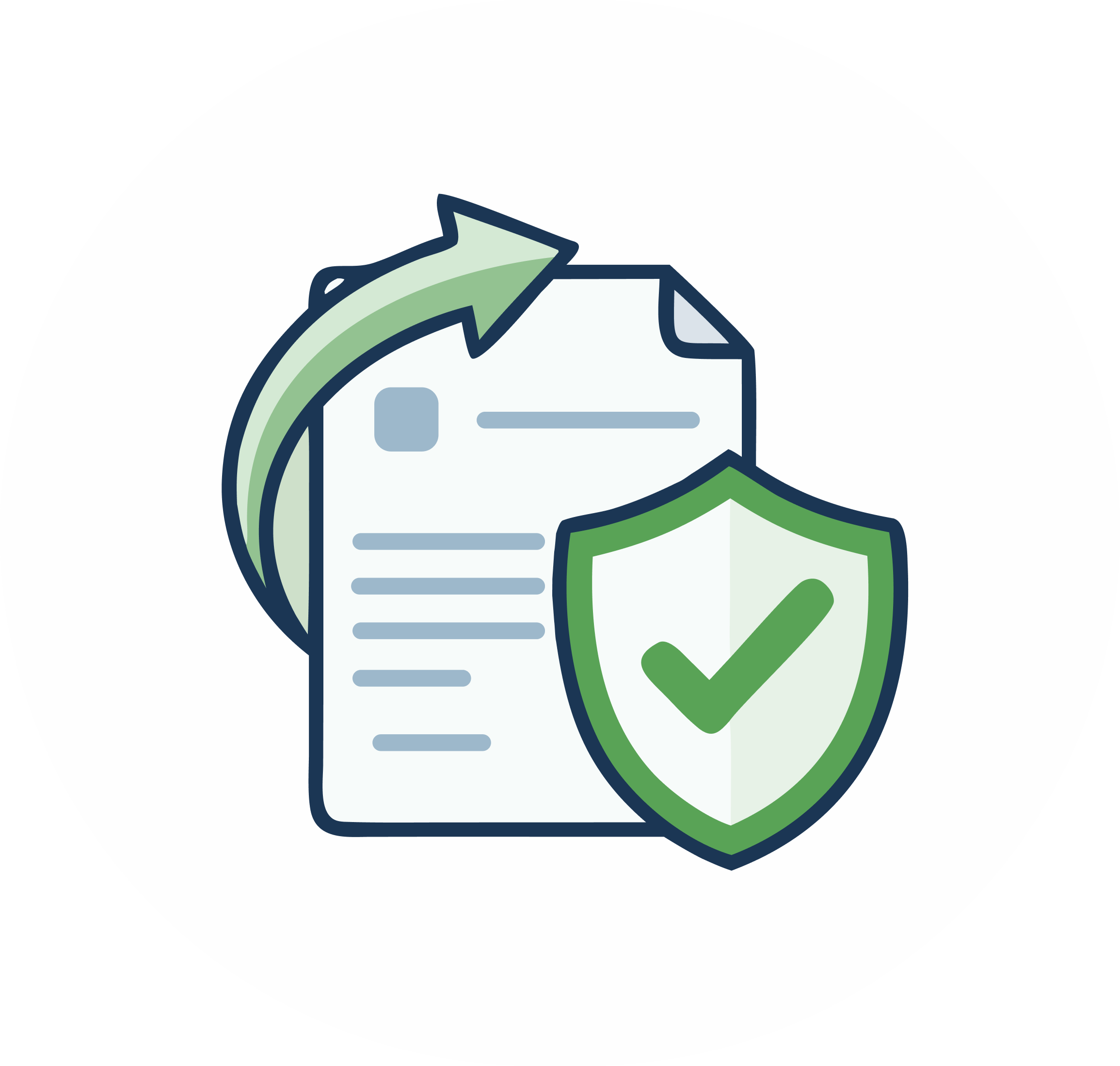 A digital illustration of a document with a green checkmark shield and an arrow pointing upward.