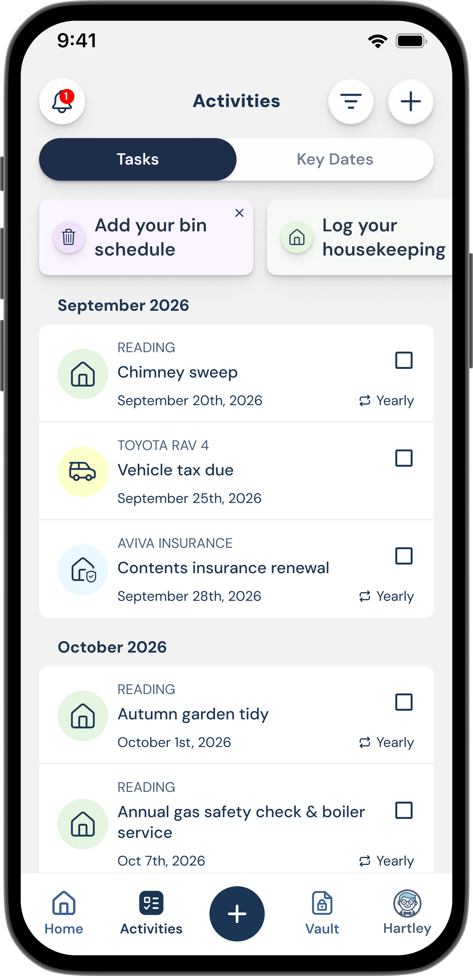 A smartphone screen displaying a home maintenance and task management app showing tasks scheduled for September and October 2026, including chores like chimney sweep, vehicle tax, insurance renewal, garden tidy, and boiler check. The interface has tabs for Tasks and Key Dates, notification icon, and navigation bar with icons for Home, Activities, Vault, and user profile.