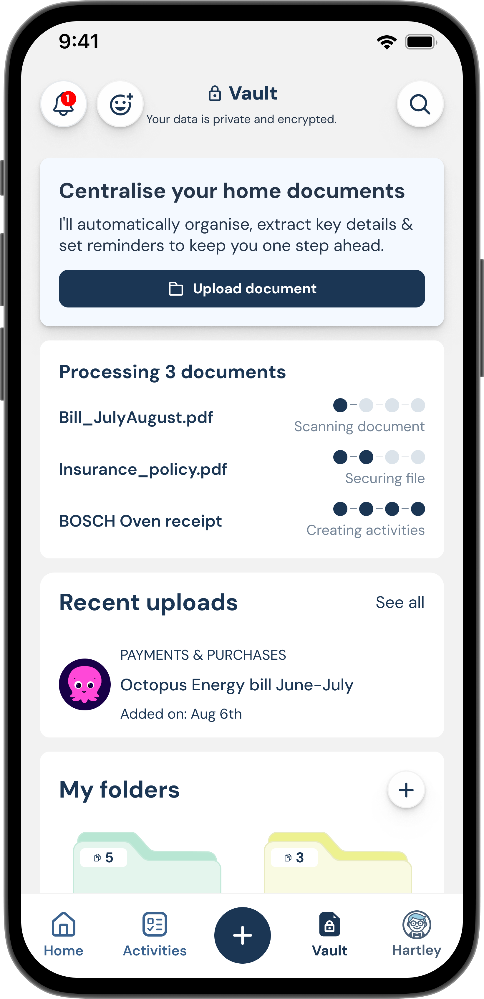 Mobile app screen displaying a vault feature for organizing home documents, recent uploads, and folders, with navigation icons at the bottom.