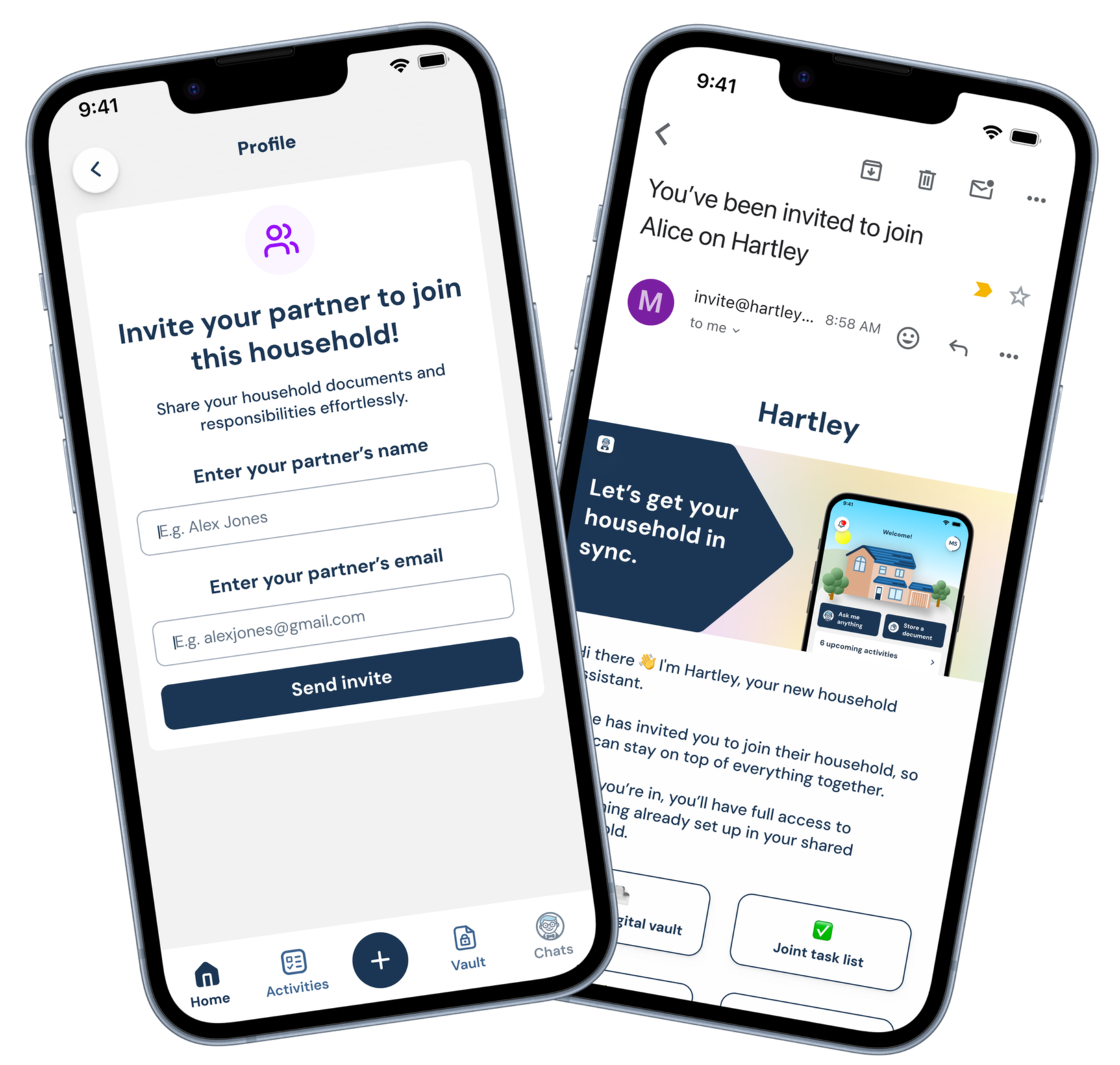 Two smartphones showing a household management app. The left phone displays a profile page for inviting a partner, with fields for name and email. The right phone displays an email invitation to join a household shared app with details about household synchronization and features.