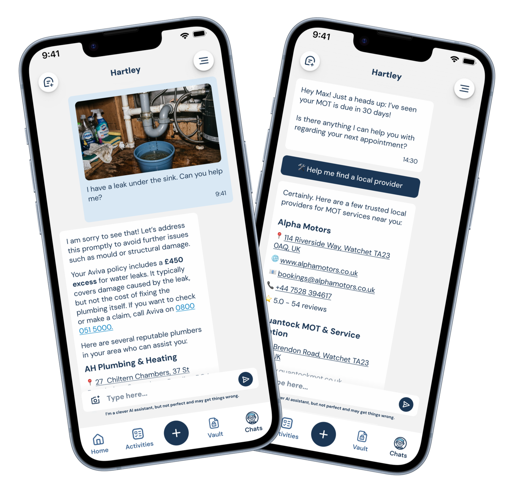 Two smartphone screens showing a plumbing service app, the left screen displays a leak report with a photo of under-sink pipes, and the right screen shows a chat conversation with scheduling options and contact information.