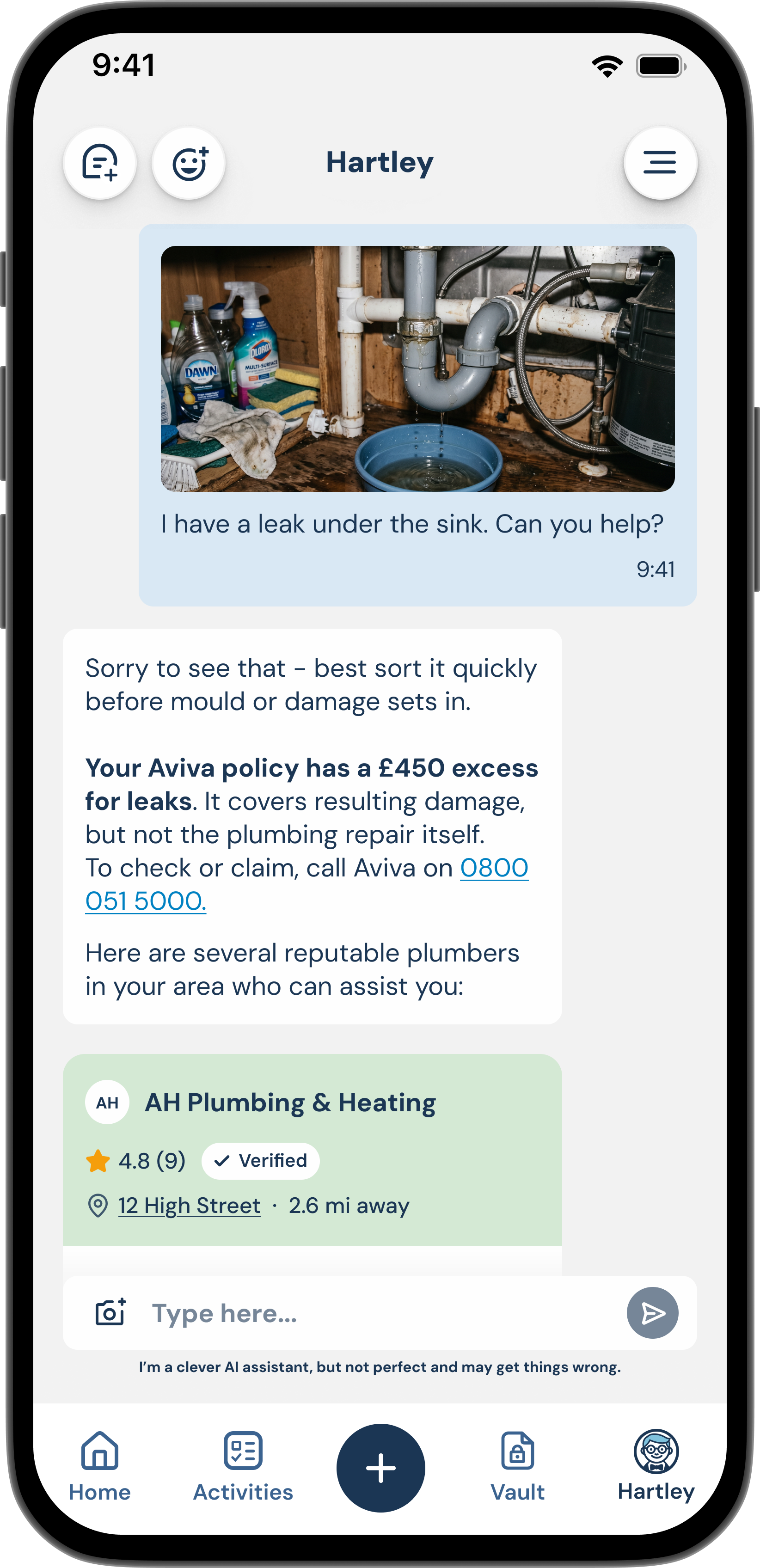 A smartphone screen displaying a chat interaction between the user and Hartley. The user sends a photo of a sink with a leak asking for help, Hartley finds local expert plumber that can help with the issue the user has.