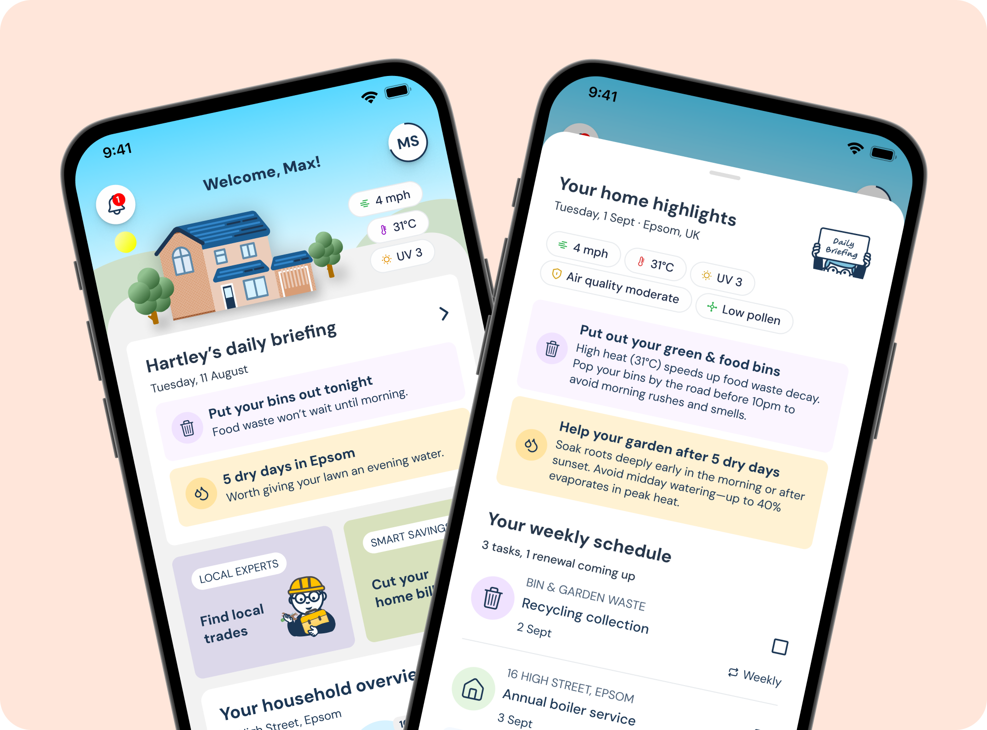 Screenshots of two smartphones displaying a home management app with weather updates, daily briefings, tips, local trades, household overviews, and scheduled tasks, set against a peach background.