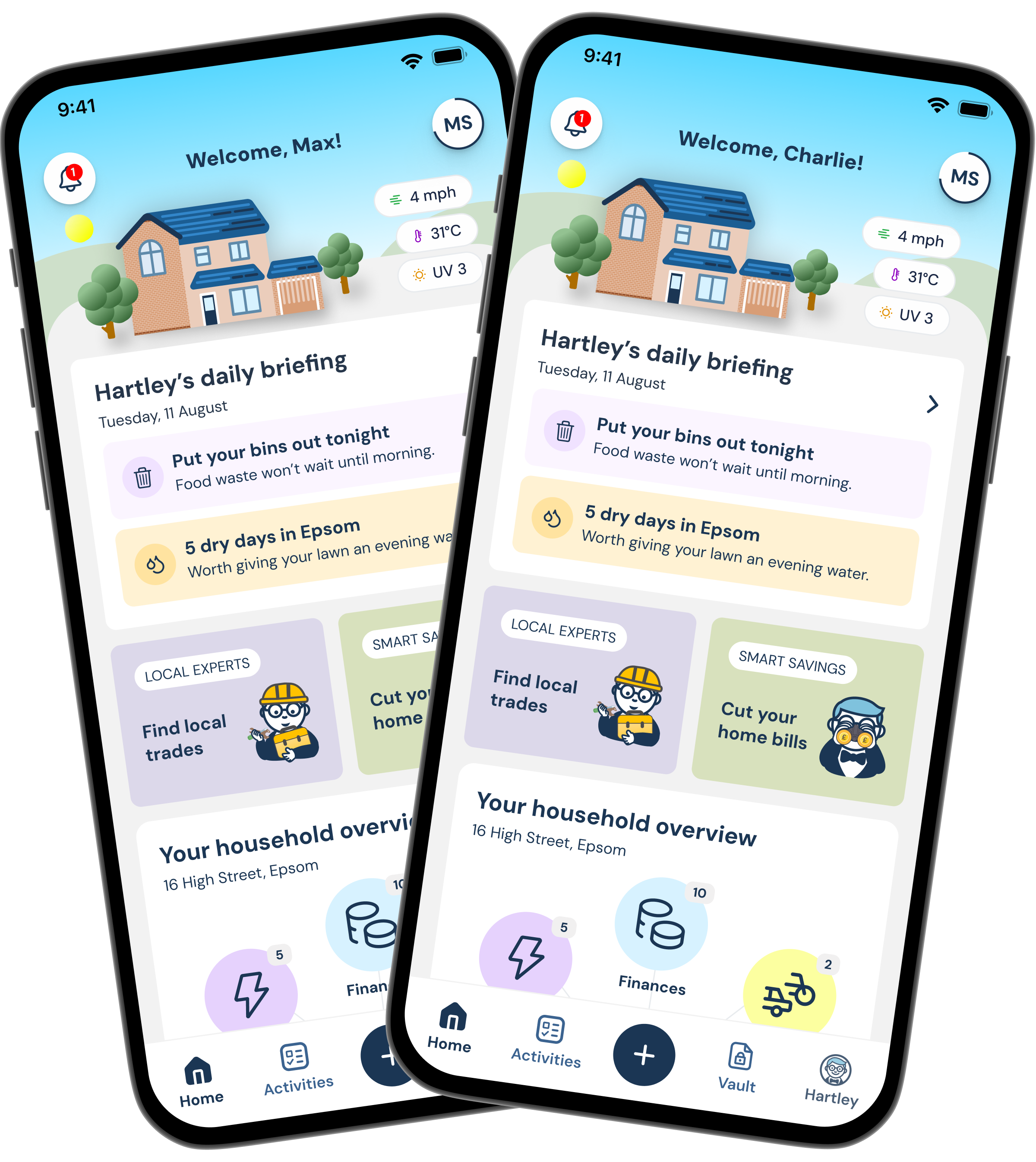 Two smartphone screens displaying the Hartley app, one for Max and one for Charlie, underlining the convenience of a shared access to the household documents and tasks in Hartley.