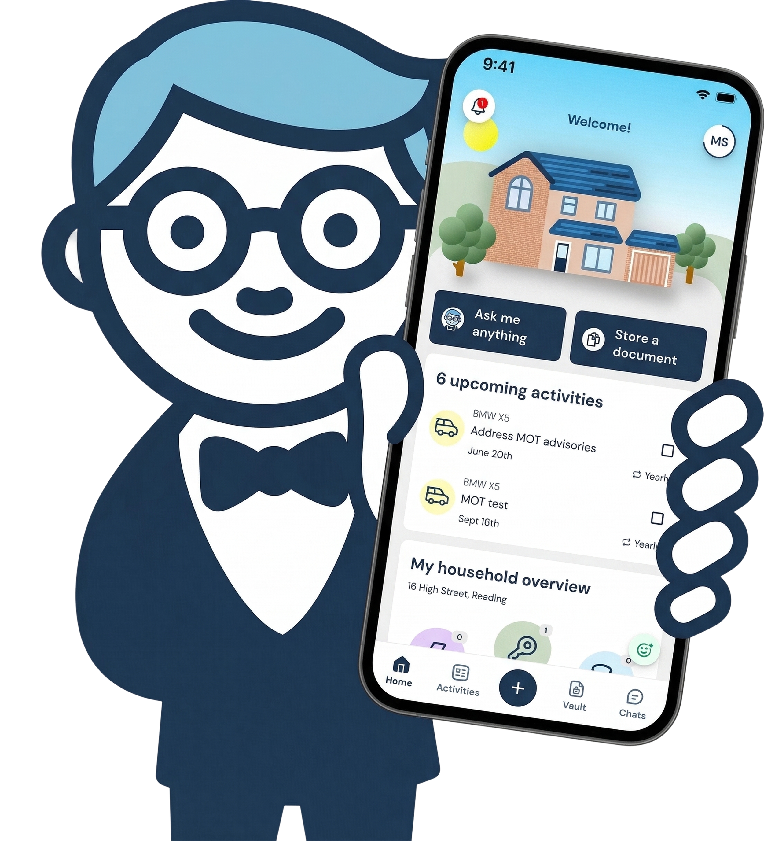 A cartoon illustration of a person holding a smartphone displaying a home management app. The app shows a house and various features like upcoming activities, household overview, and navigation icons.