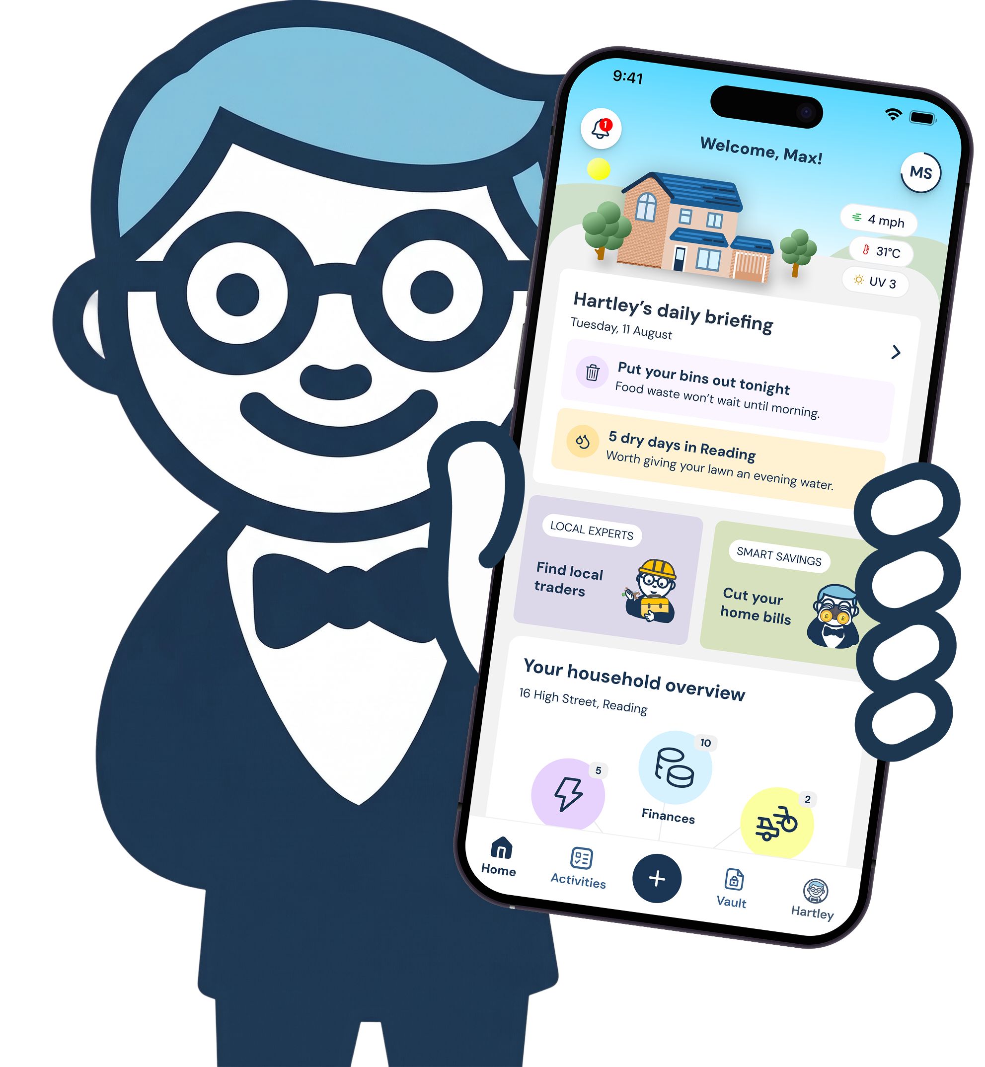 Illustration of Hartley, a stylized person with glasses, showing a smartphone screen displaying Hartley, the household management app on a light blue background. The app shows a welcome message, weather information, a household overview.