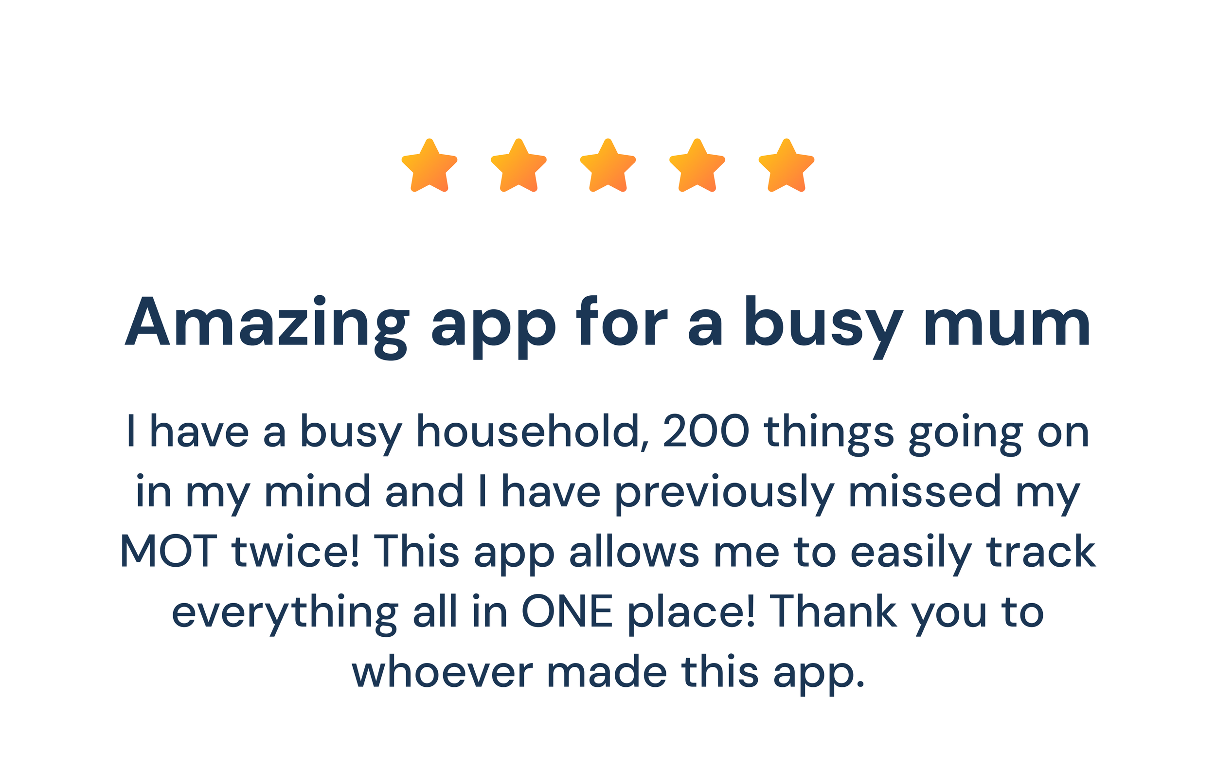 Testimonial image with five orange stars and the text "Amazing app for a busy mum" followed by a paragraph praising the app for tracking household tasks.