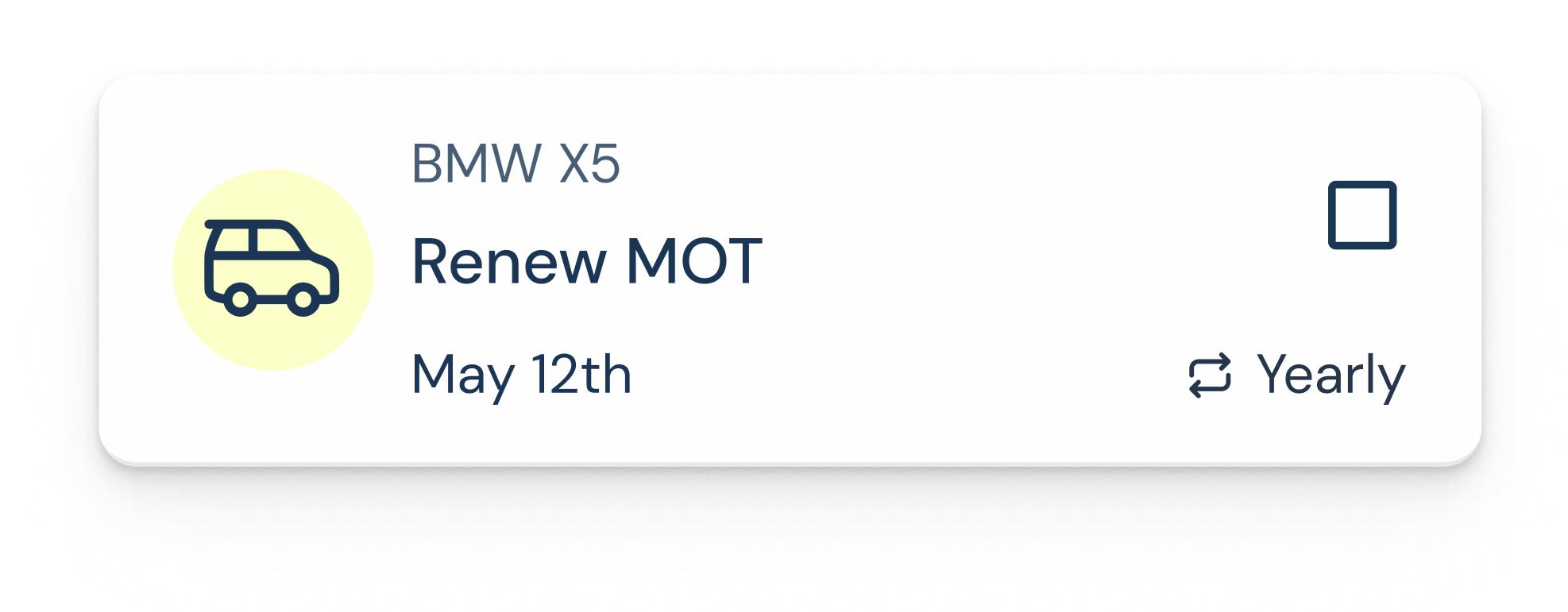 Mobile app interface for vehicle registration renewal showing a car icon, vehicle details, renewal date, and renewal frequency options.