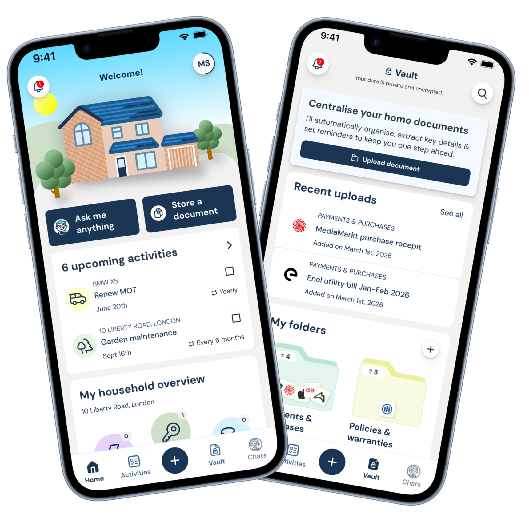Two smartphones displaying a home management app with various features such as activity schedule, document storage, and household overview.
