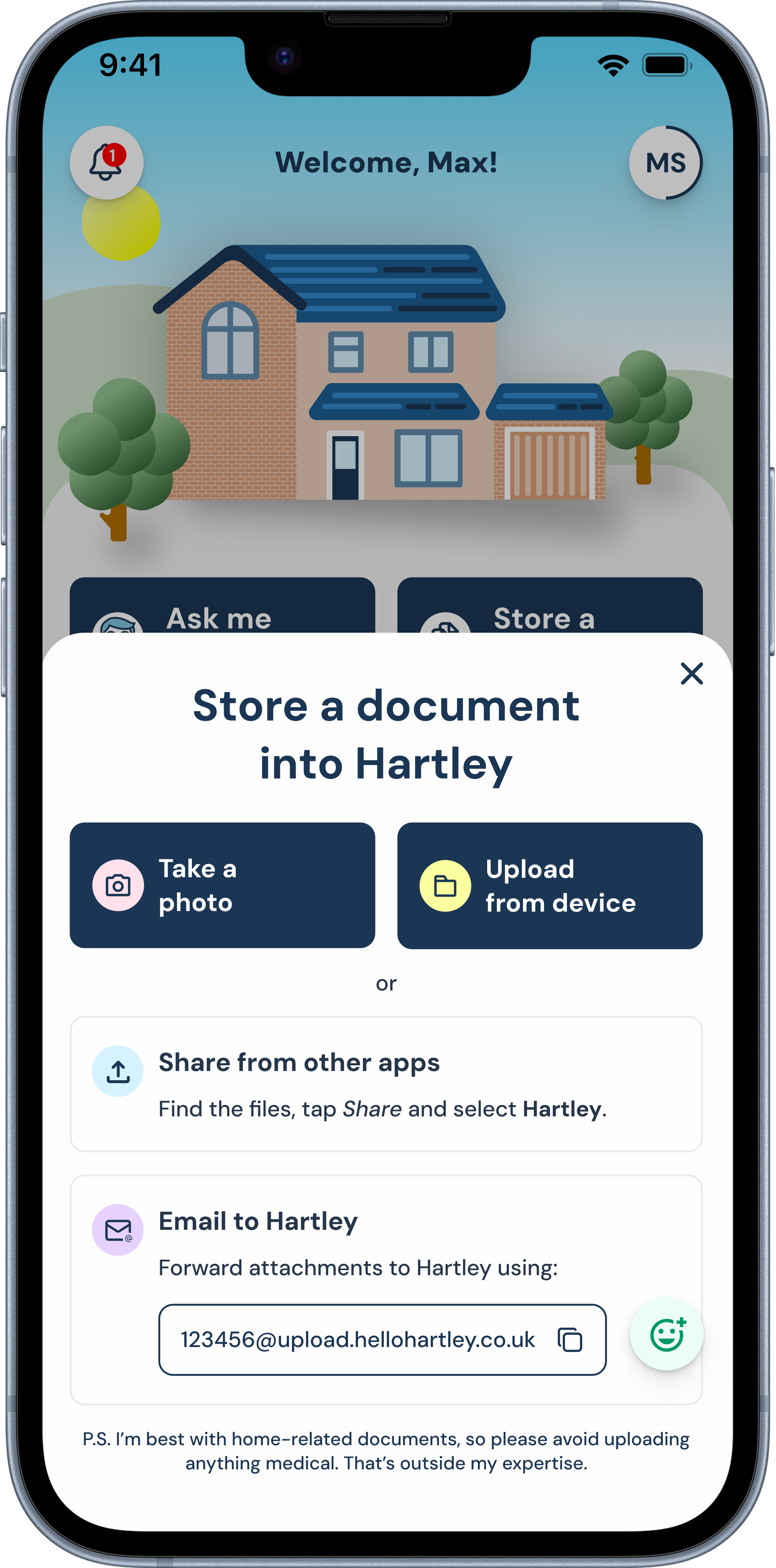 Mobile app screen showing a home with a blue roof and trees in the background. A popup window over the screen titled "Store a document into Hartley" offering options to "Take a photo" or "Upload from device". Additional options include sharing files or emailing attachments.