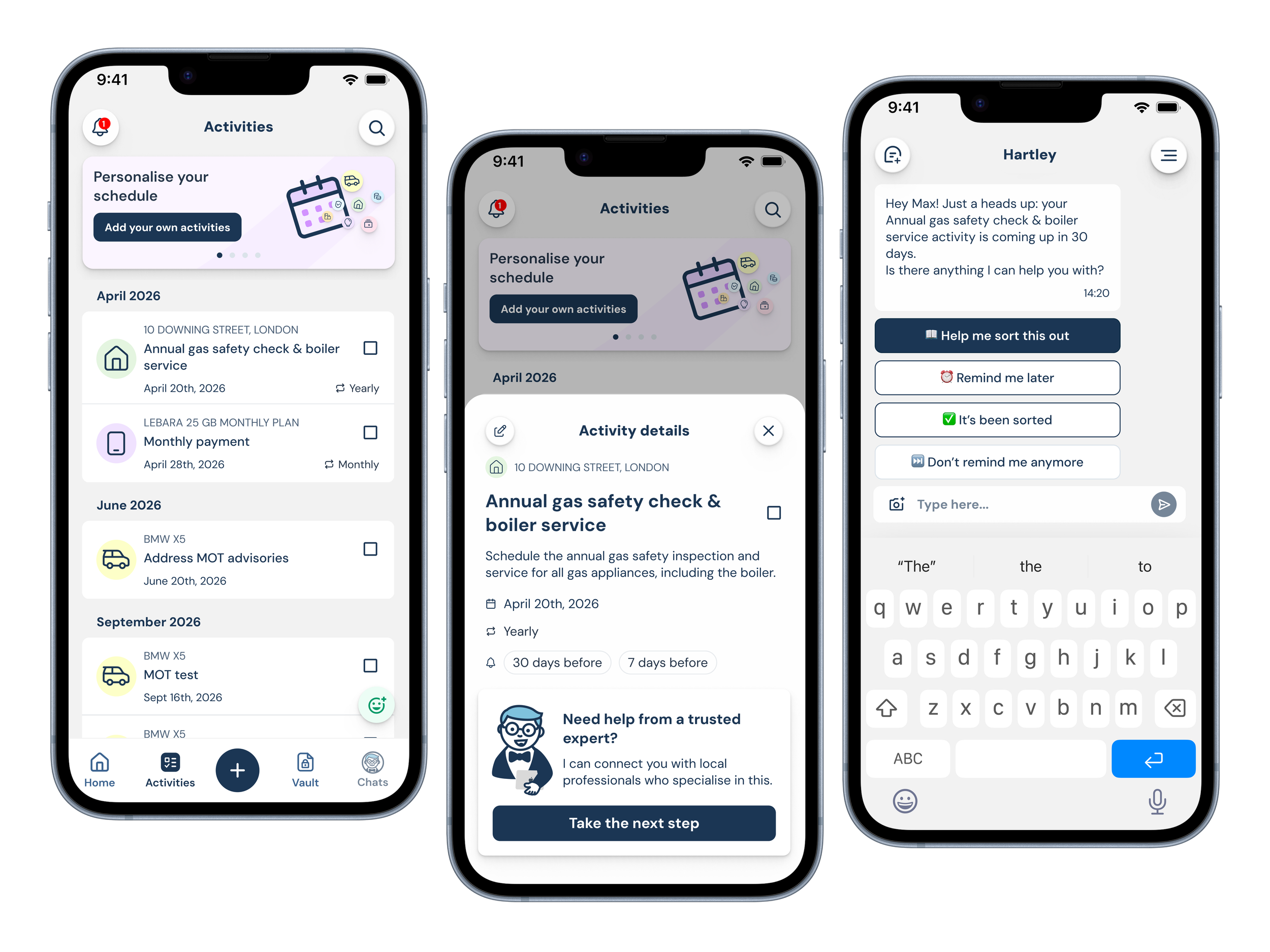 Three smartphones displaying different screens of a mobile app with scheduling and activity management features.