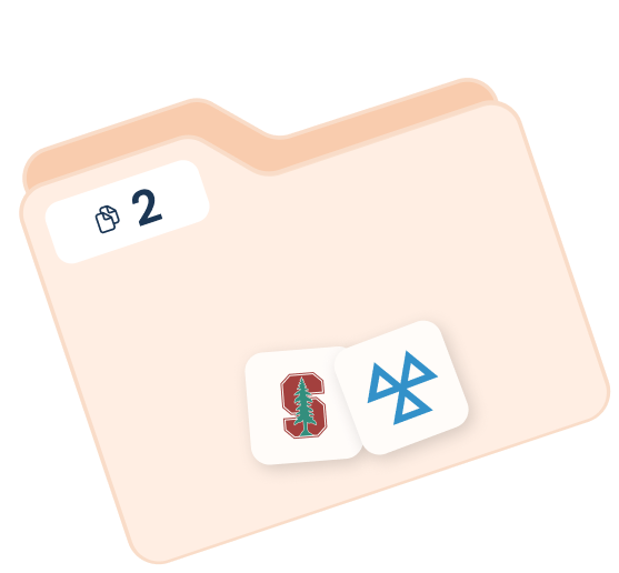 A card game with two face-down cards, two face-up dealer cards showing the Stanford University logo and a blue symbol, and a small icon indicating the number two.