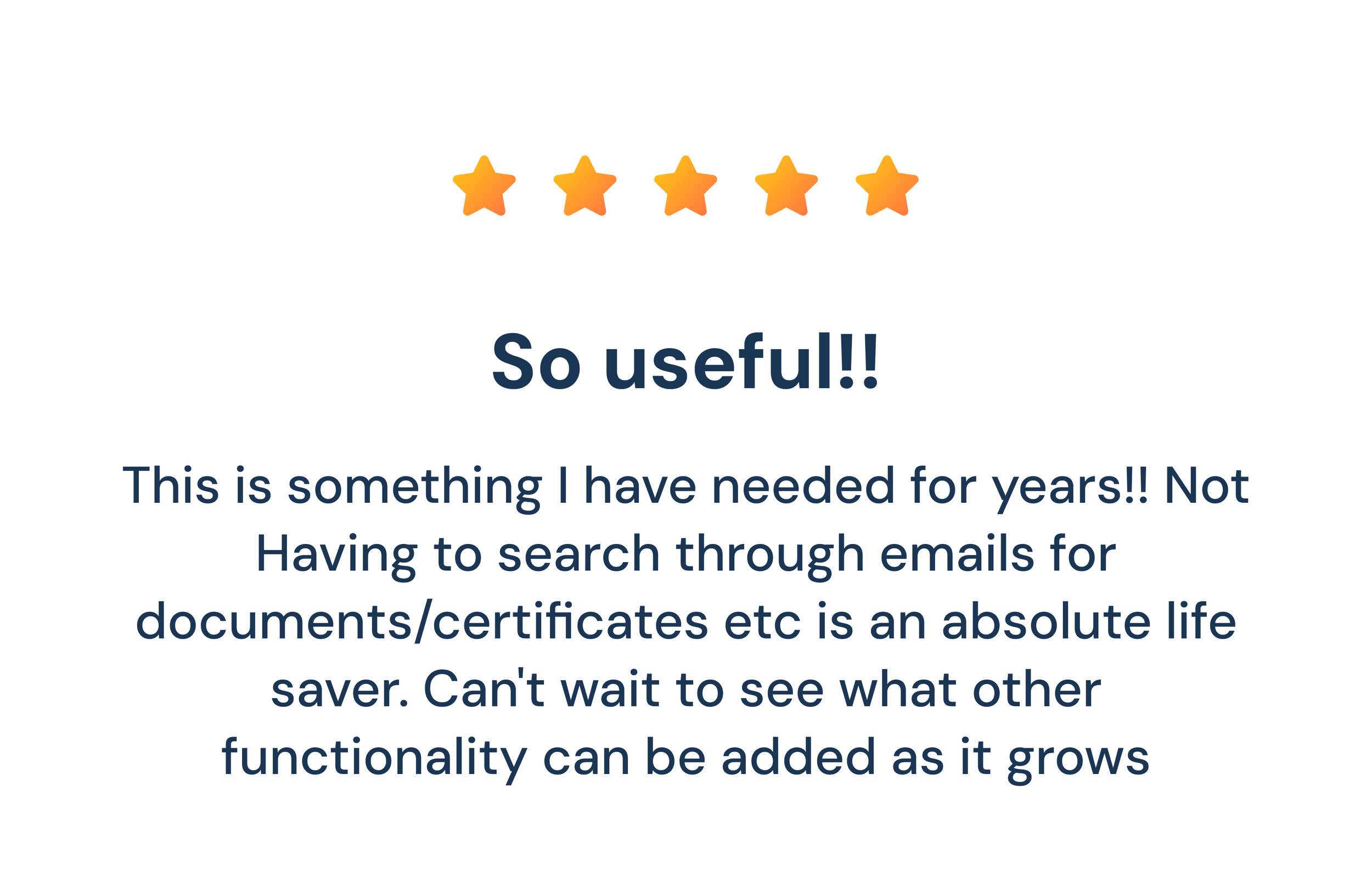Testimonial image with five orange star icons in a row with the text "So useful!!" below, and a paragraph explaining the usefulness of a certain tool or feature.
