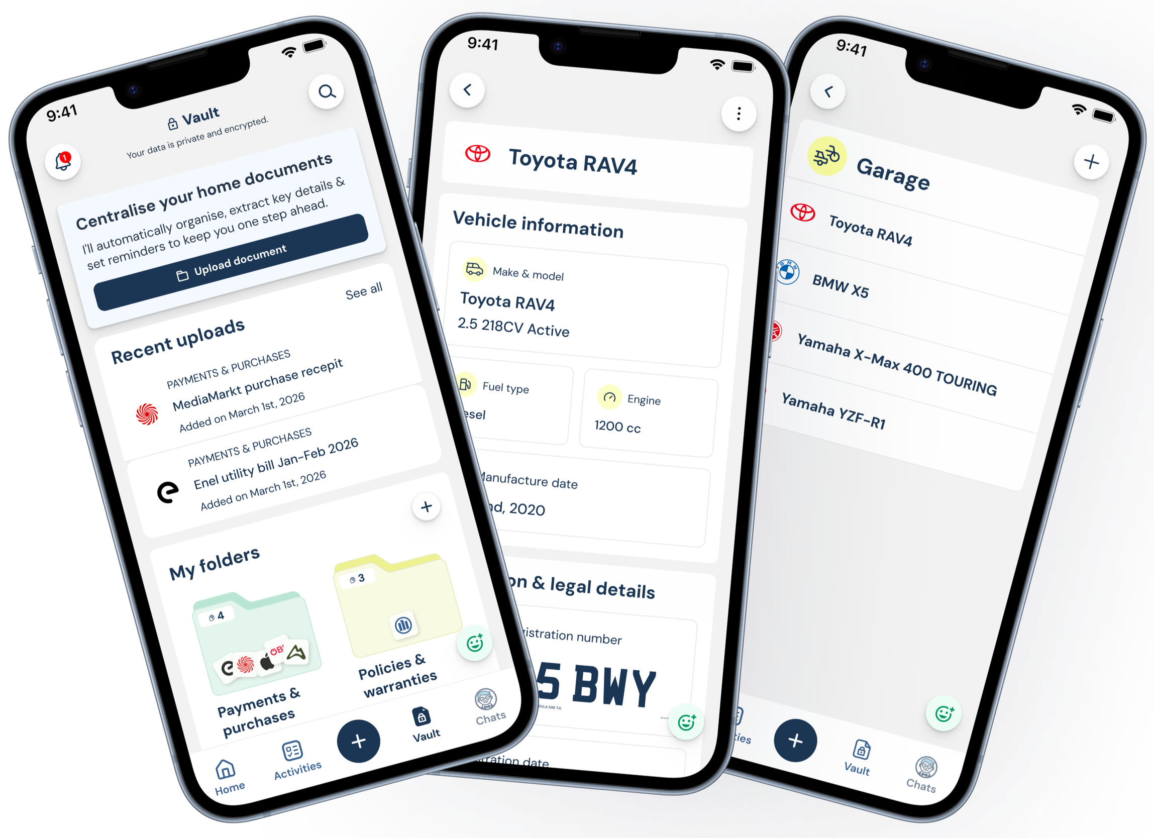Three smartphone screens displaying a car management app with options for documents, vehicle details, and garages.