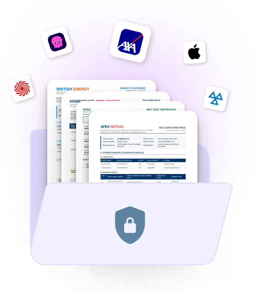 A digital illustration of a folder with a security shield icon on the screen, surrounded by various documents and app icons, including AXA, Apple, and others, on a purple background.