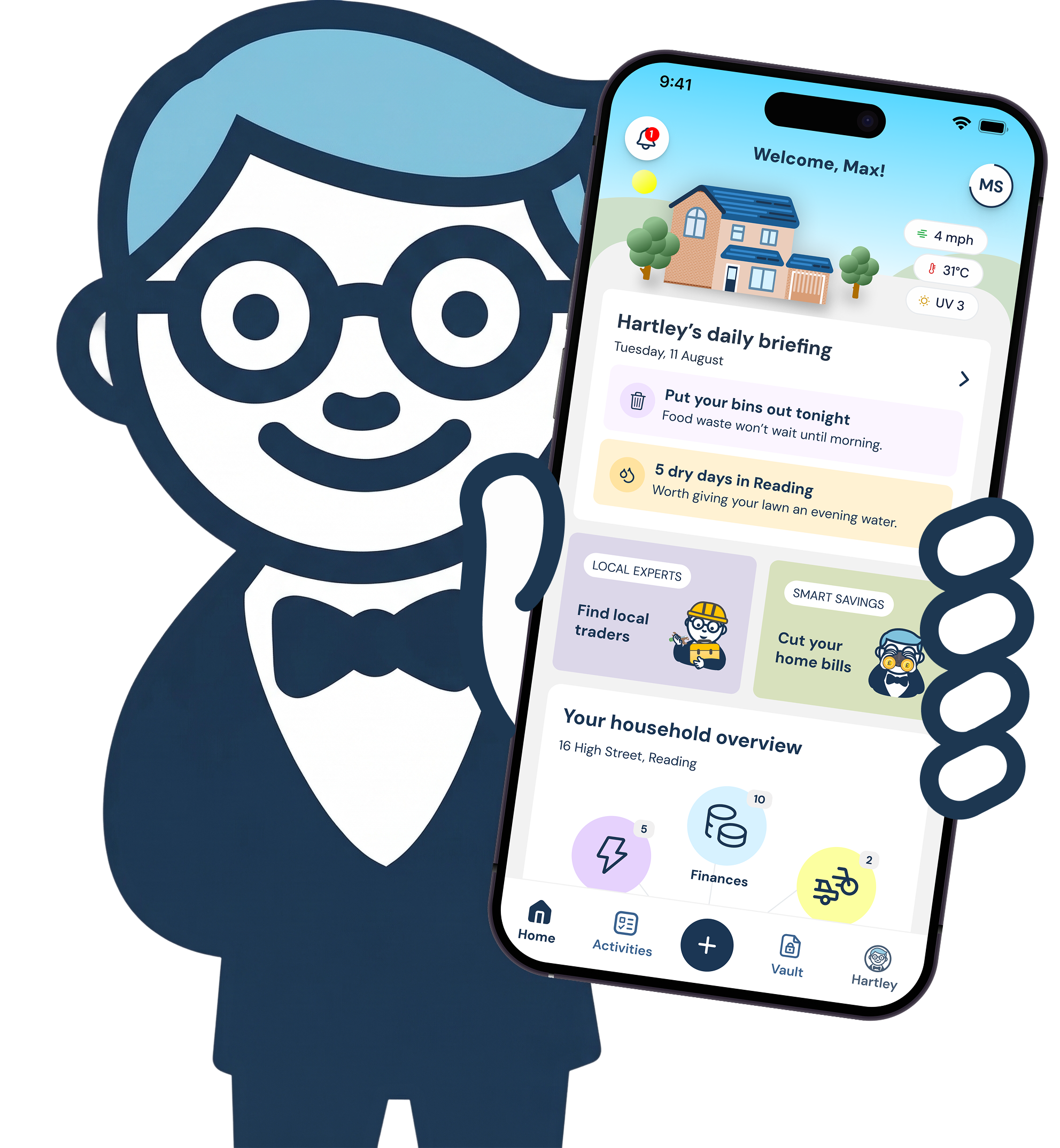 A cartoon character with glasses and blue hair is looking at a smartphone displaying a home management app, with a large blue and white icon behind it.