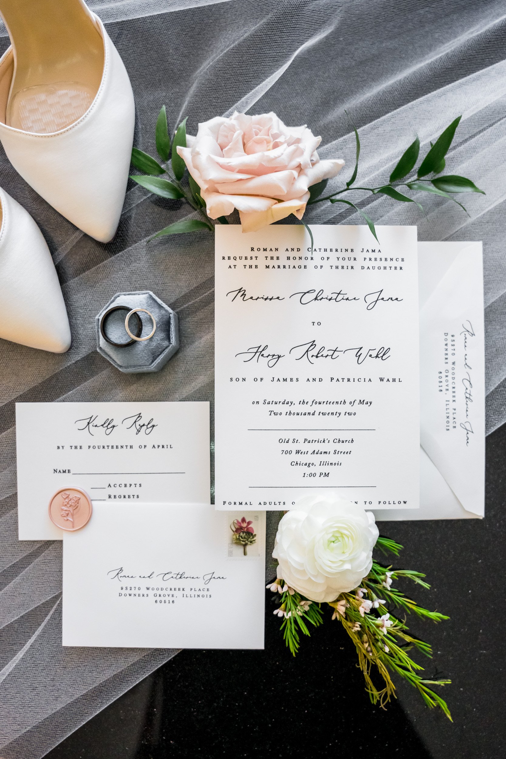 A flatlay of details from a wedding in OakBrook,IL