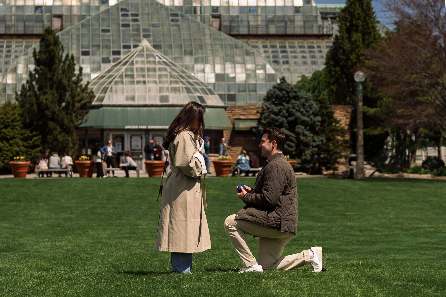 A proposal in the gardens in front of Lincoln Park Conservatory in Chicago, IL. 