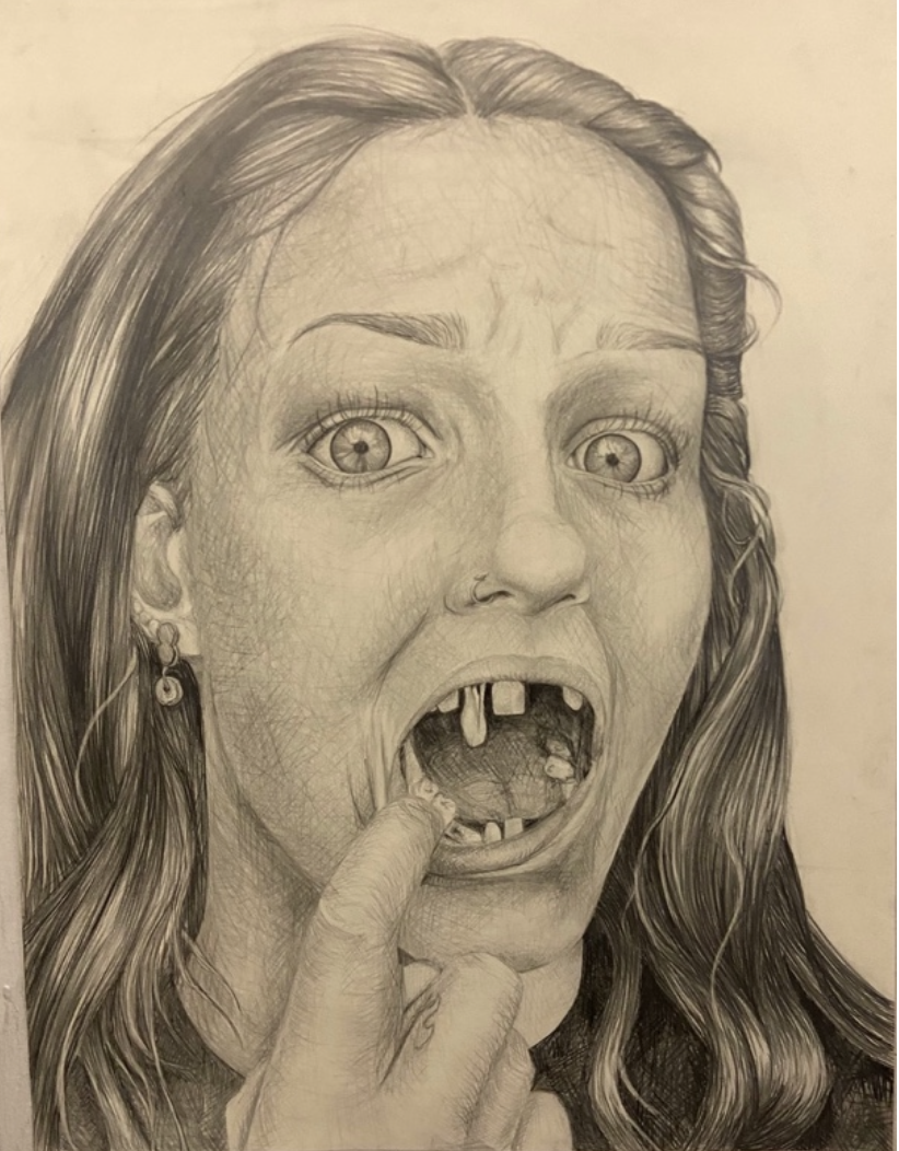 Crunch, 2024,
charcoal;
Crunch is a depiction of a recurring dream of mine. Losing Teeth in a dream may indicate stress, powerlessness, and loss of control. 18 x 24 in.