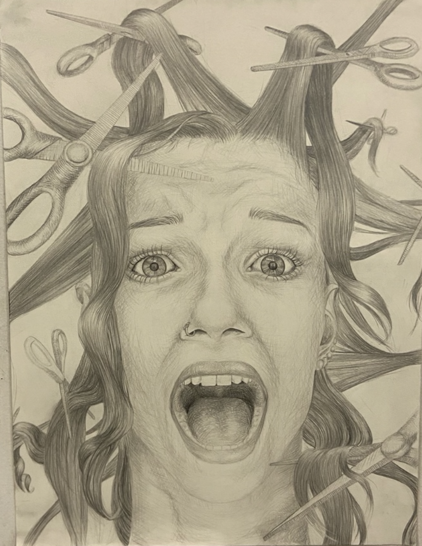 To Change What I Can, 2024,
graphite;
This drawing references the mental challenges I faced after being diagnosed with diabetes and not having control over my body. 18 x 24 in.