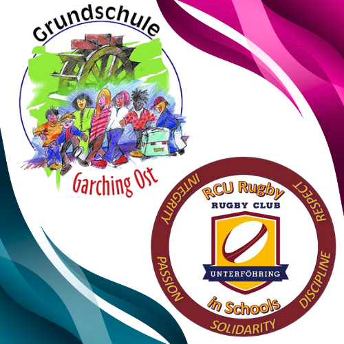 Logos of a primary school and a rugby club with colorful wavy background