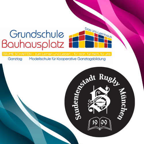 Logo of Grundschule Bauhofsalt with colorful blocks, and a black circular emblem for Studententstadt Rugby Munich with a book and a rugby ball.