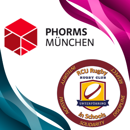 Logos for PHORMS MÜNCHEN and RCU Rugby Club Unterföhring, with colorful abstract background.