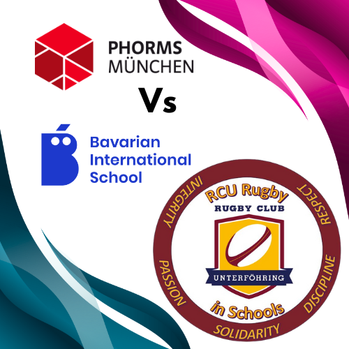 Logo for Phorms München vs Bavarian International School and RCU Rugby Club in schools with themes of passion, respect, solidarity, and discipline.