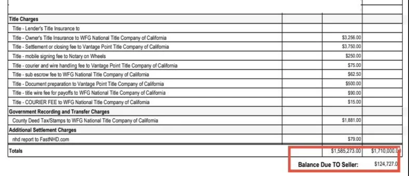 An invoice or financial statement showing various charges including title insurance, settlement fees, signing fees, courier fees, escrow fees, document preparation, wire fees, and government taxes, with totals and a balance due to the seller of $124,727.00.