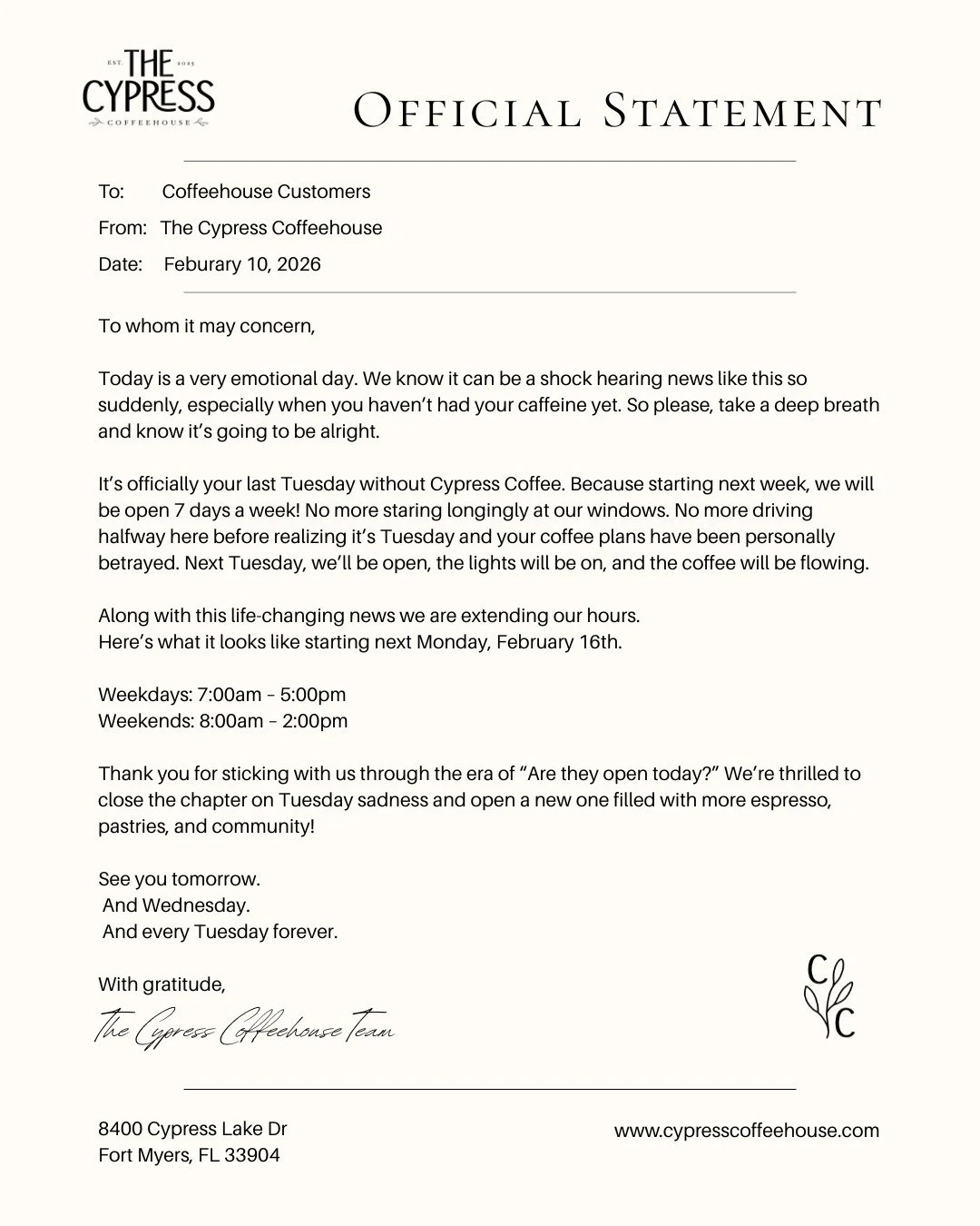 Official Statement as of 2/10/26. ☕️