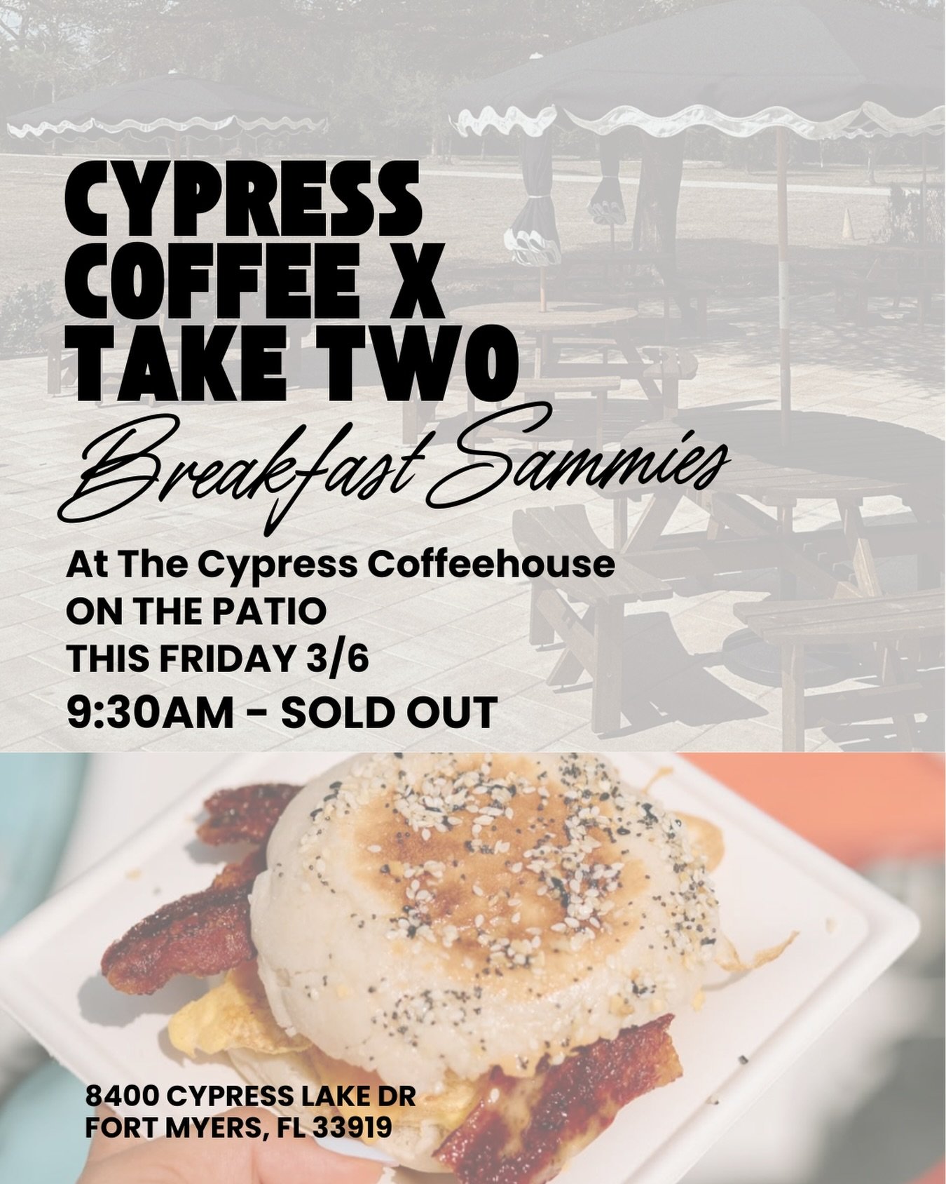 THIS FRIDAY 3/6 ON THE PATIO 9:30-SOLD OUT @taketwocoffee Is coming to cook up some delicious breakfast sammie&rsquo;s!! Come and grab coffee &amp; breakfast to start your weekend! 🤤 

#swfl #cypresscoffee #taketwocoffee