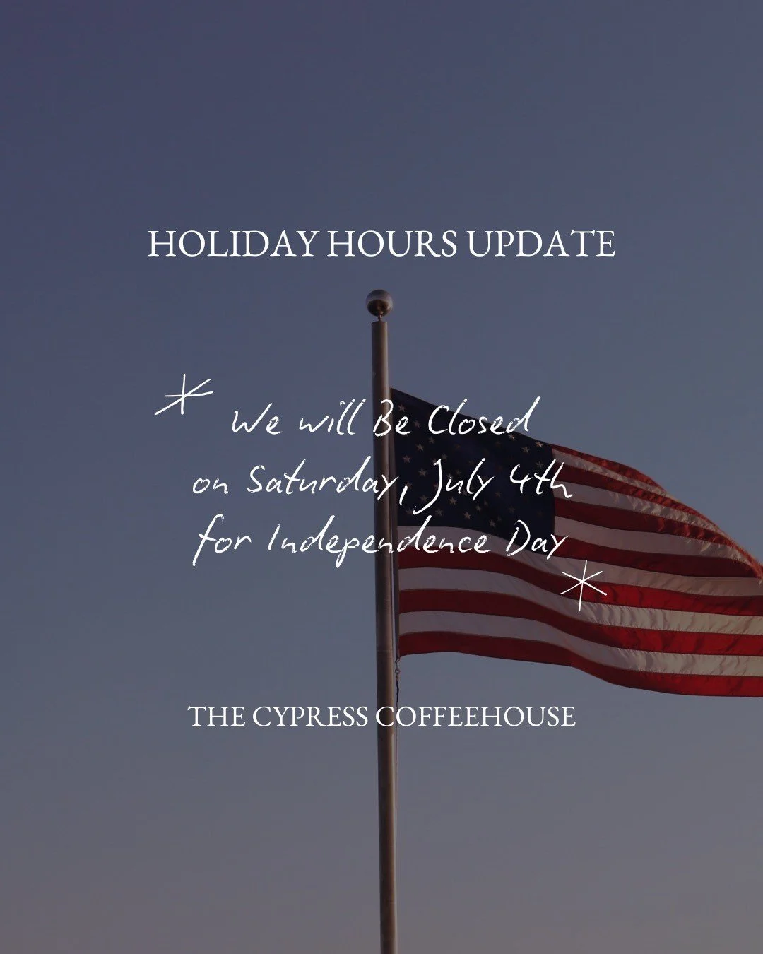 We will be closed on Saturday, July 4th for Independence Day.