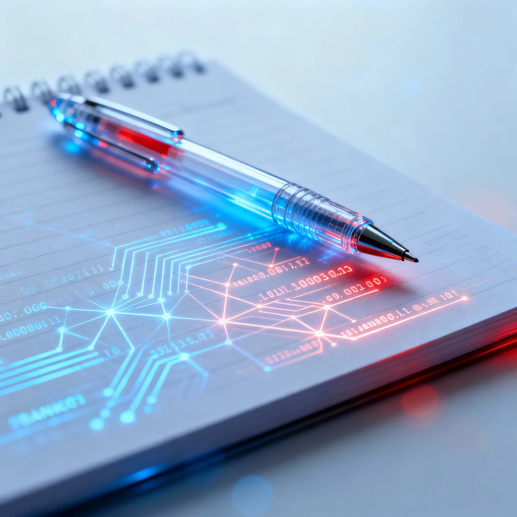 A transparent pen resting on a notebook with an illuminated digital network graphic projected underneath.